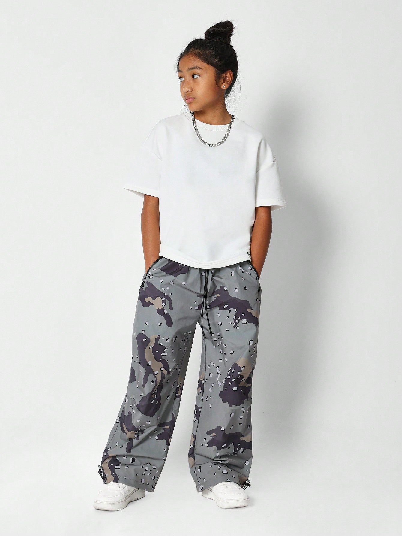 Tween Girls Parachute Pant With All Over Camo Print