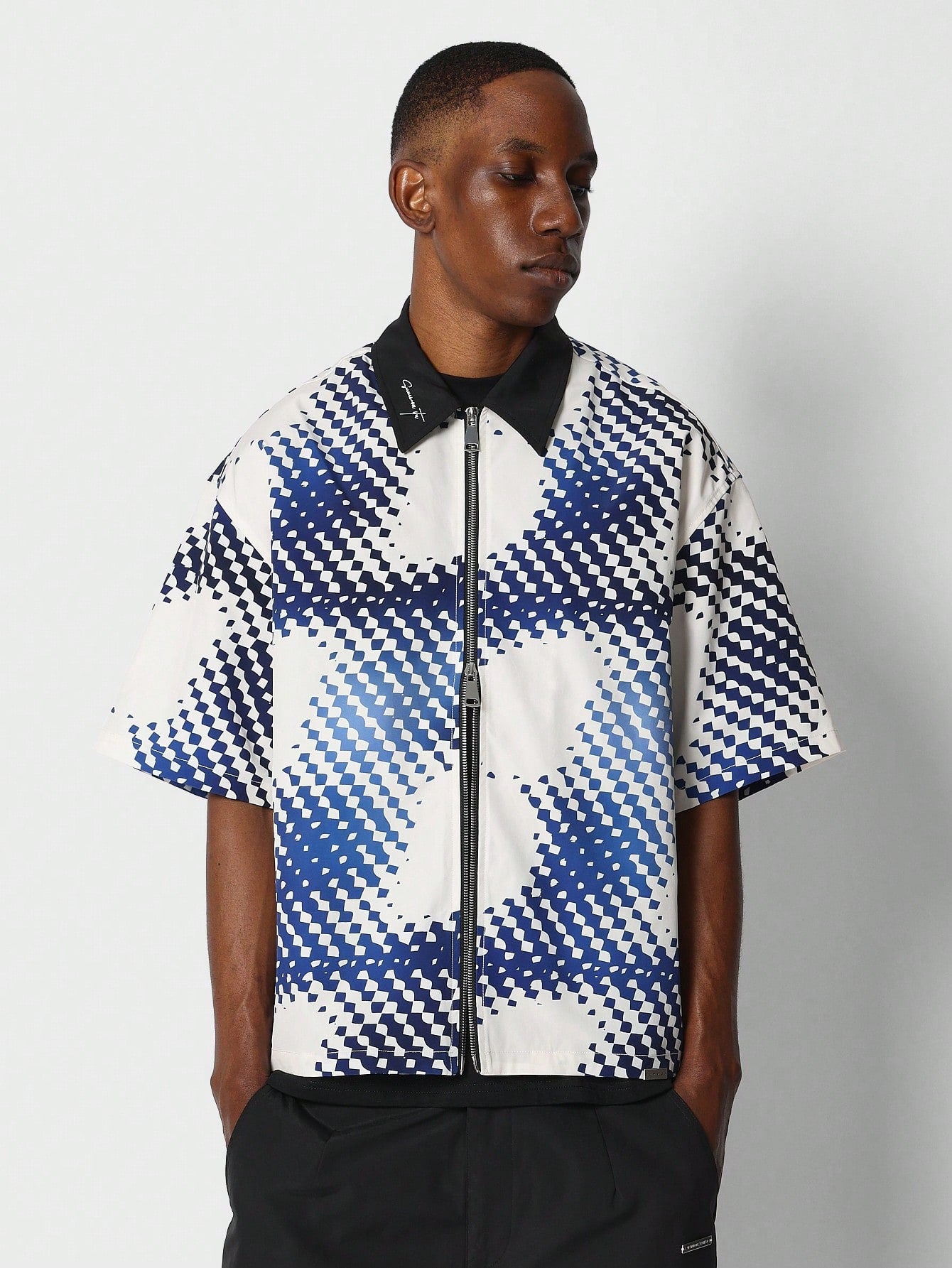 Boxy Fit Zip Through Nylon Shirt With All Over Print