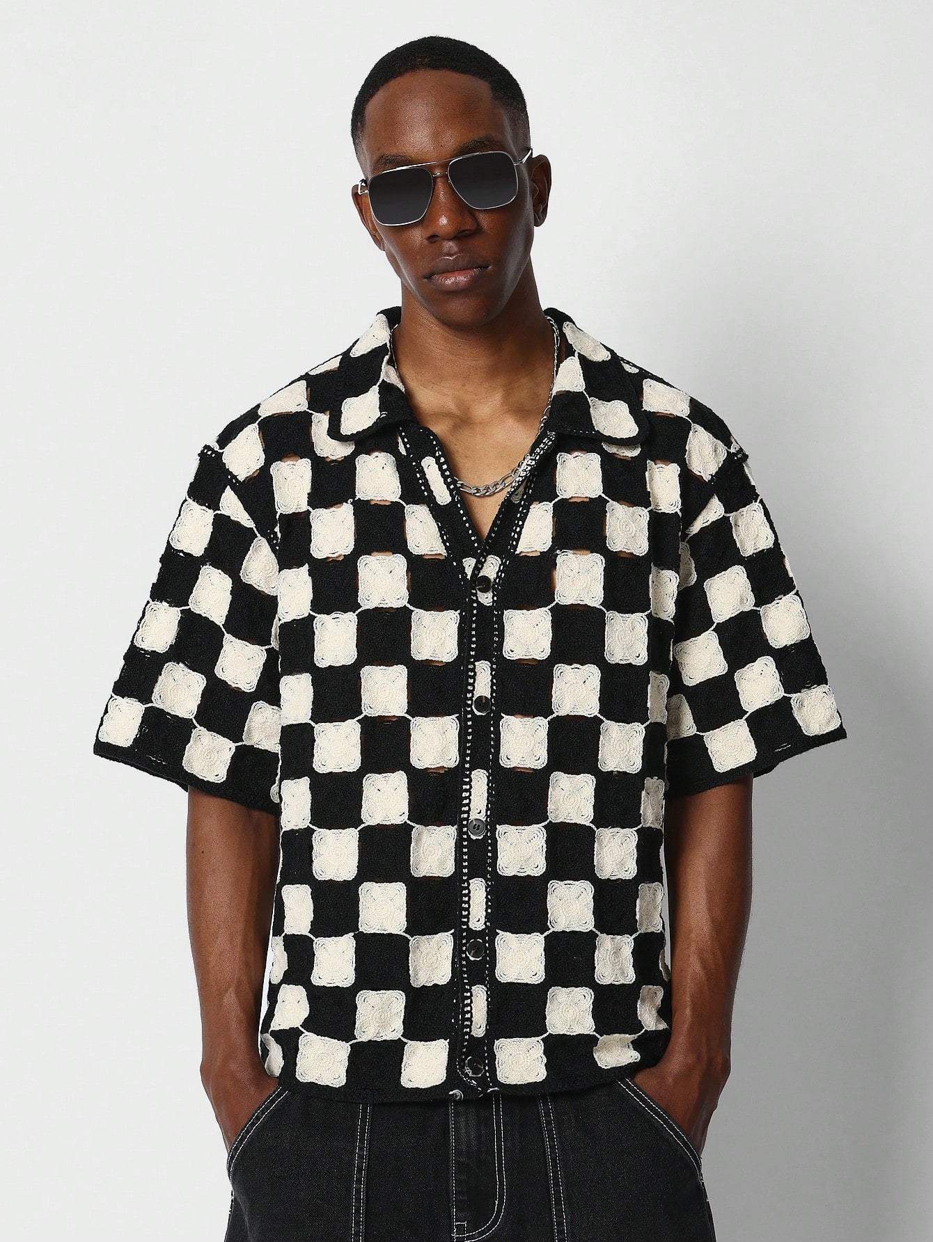 Oversized Fit Checkerboard Crochet Knit Shirt