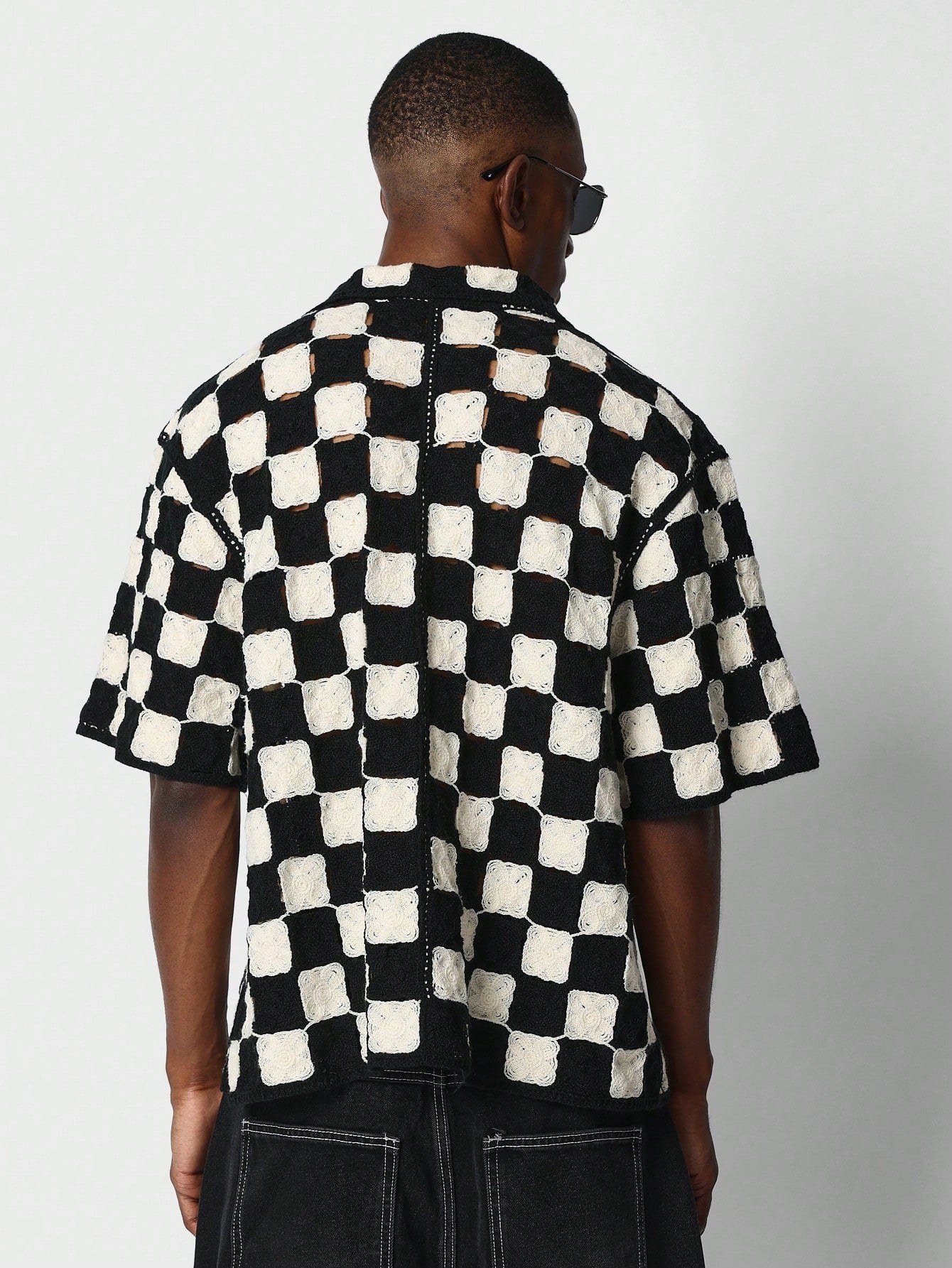 Oversized Fit Checkerboard Crochet Knit Shirt