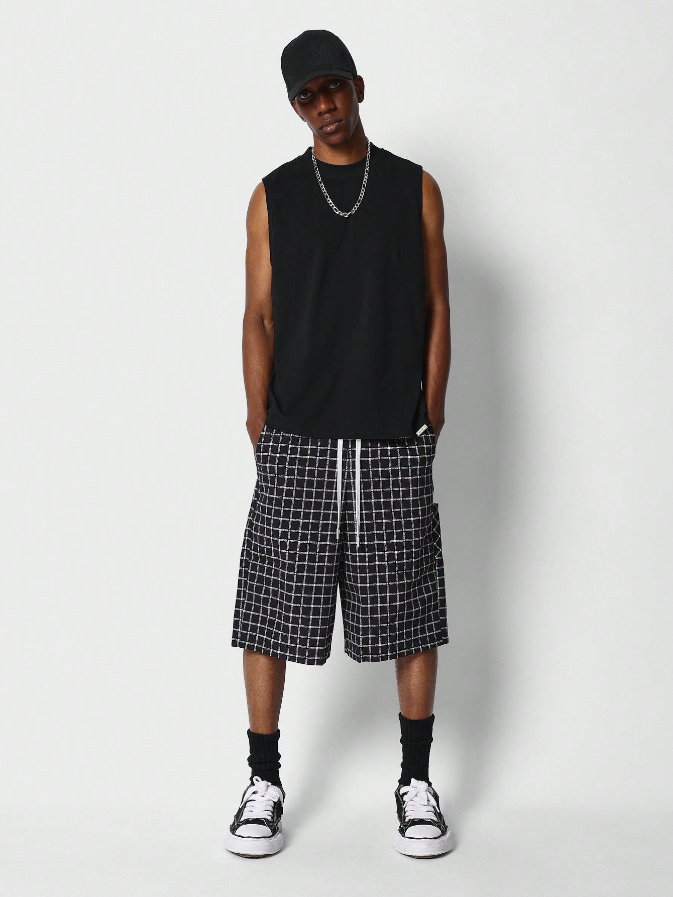 Loose Fit Baggy Checked Cargo Short