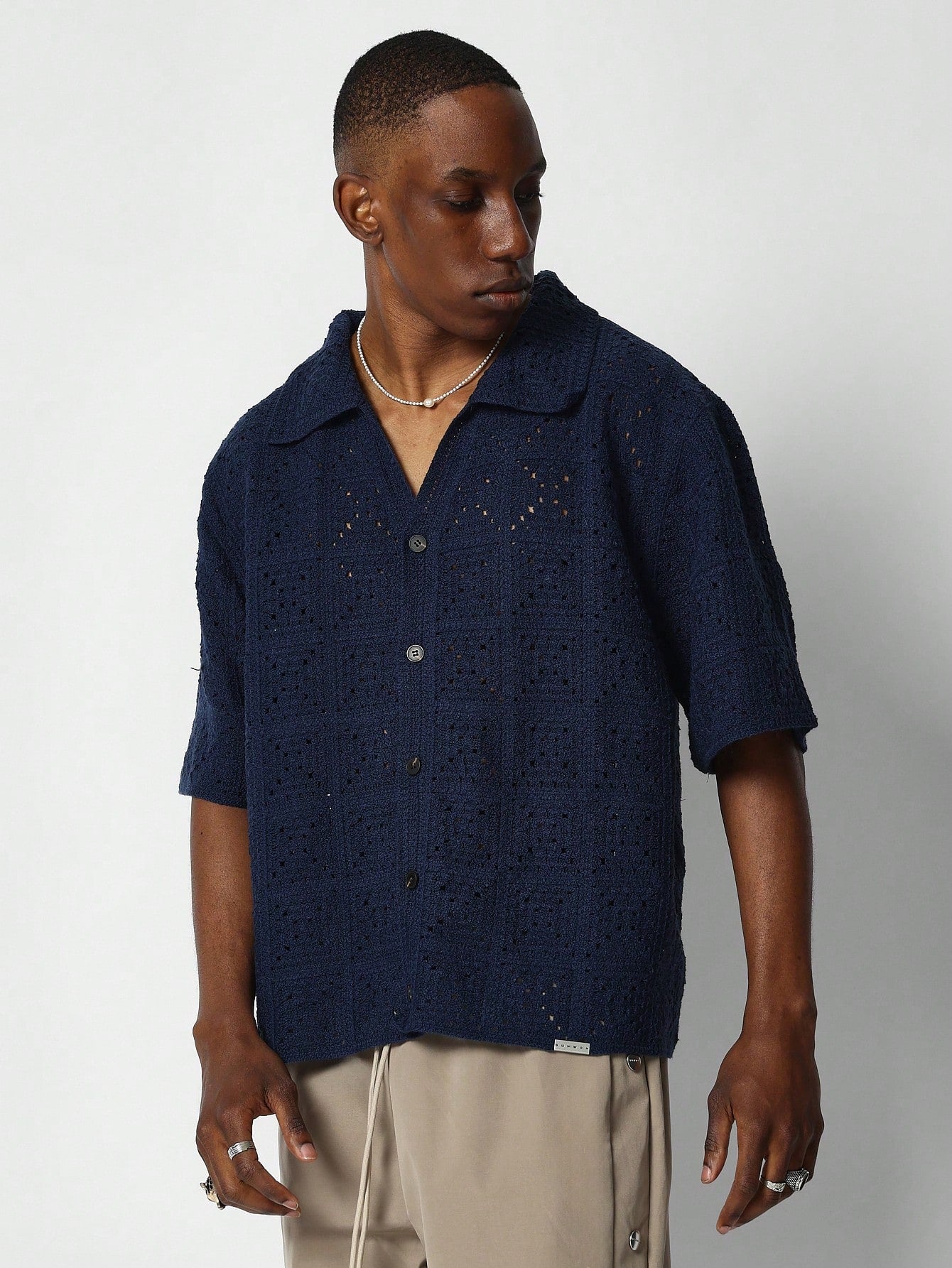 Boxy Fit Button Through Crochet Knit Shirt