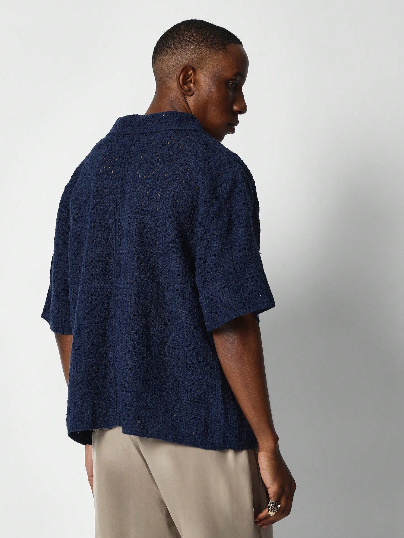 Boxy Fit Button Through Crochet Knit Shirt