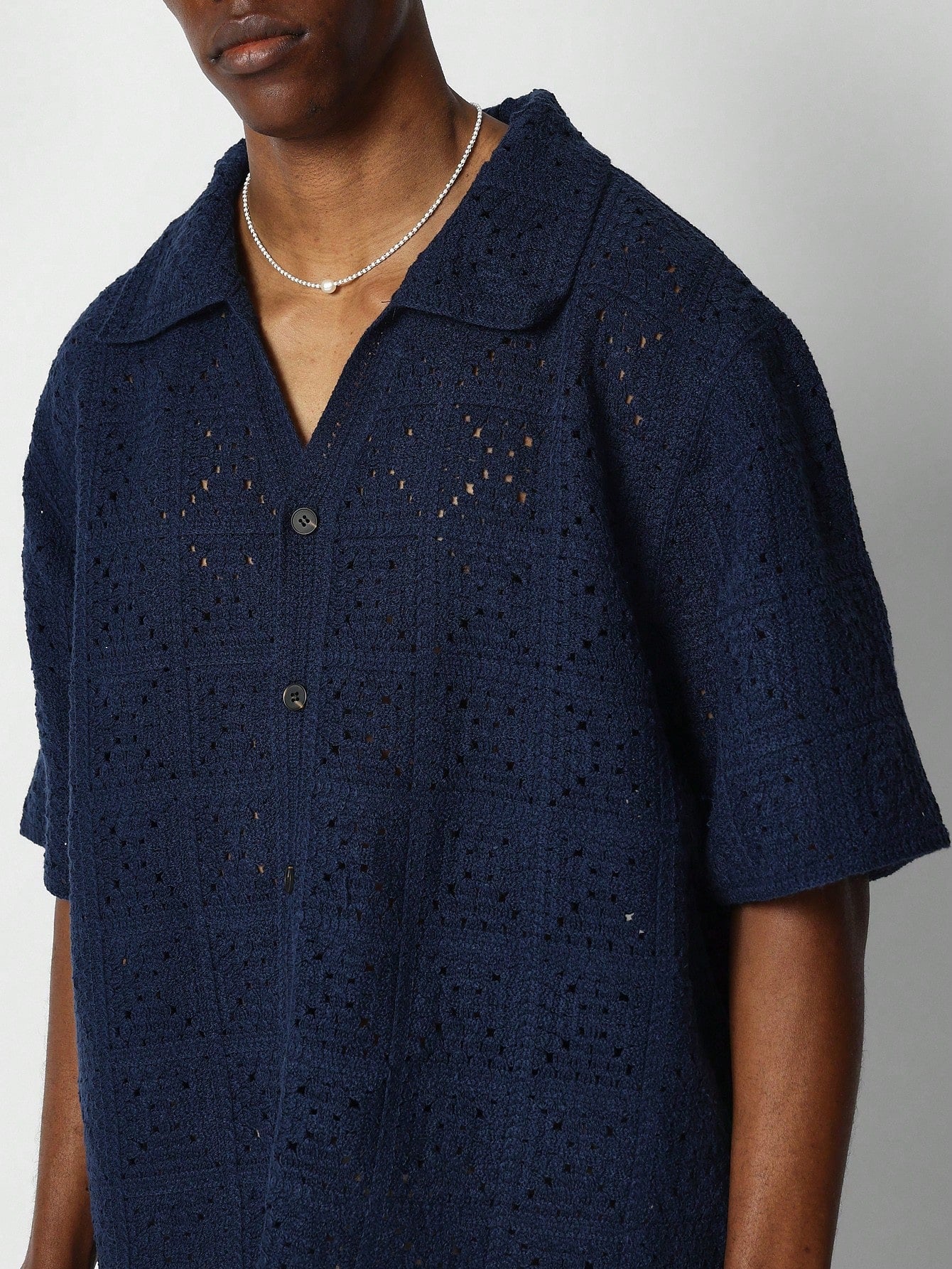 Boxy Fit Button Through Crochet Knit Shirt