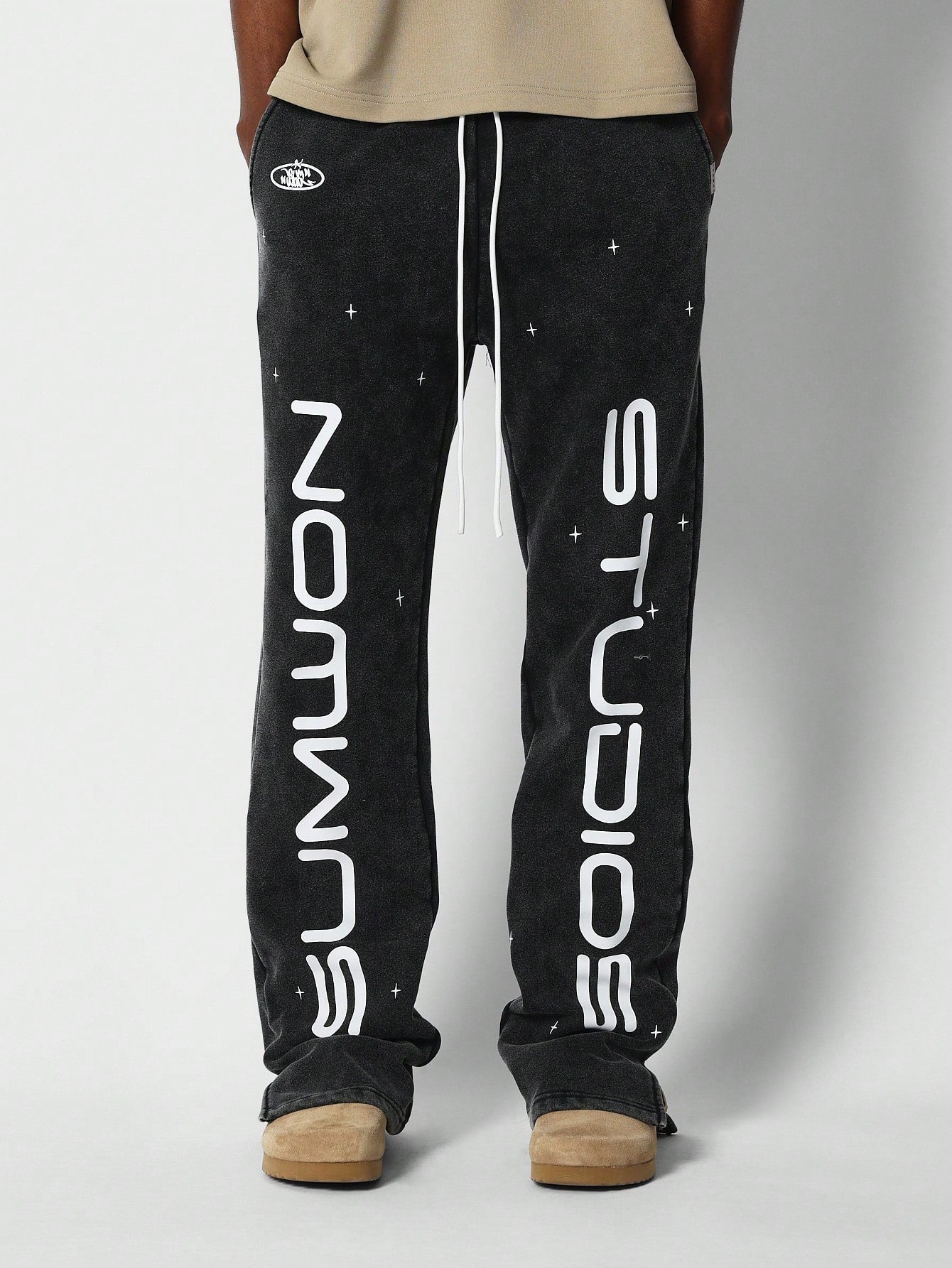 Flare Fit Split Hem Washed Jogger With Front Graphic