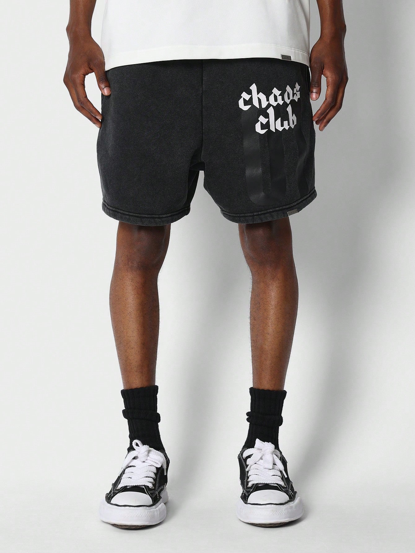 Washed Drop Crotch Short With Front Graphic