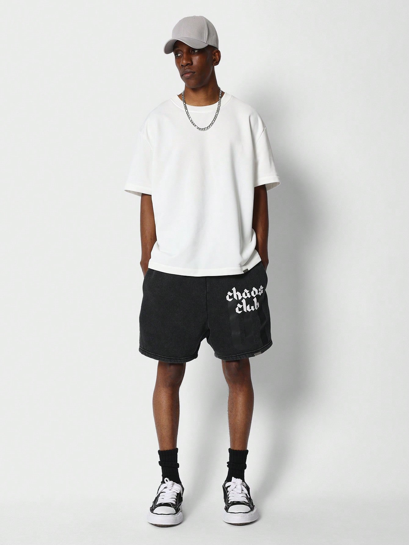 Washed Drop Crotch Short With Front Graphic