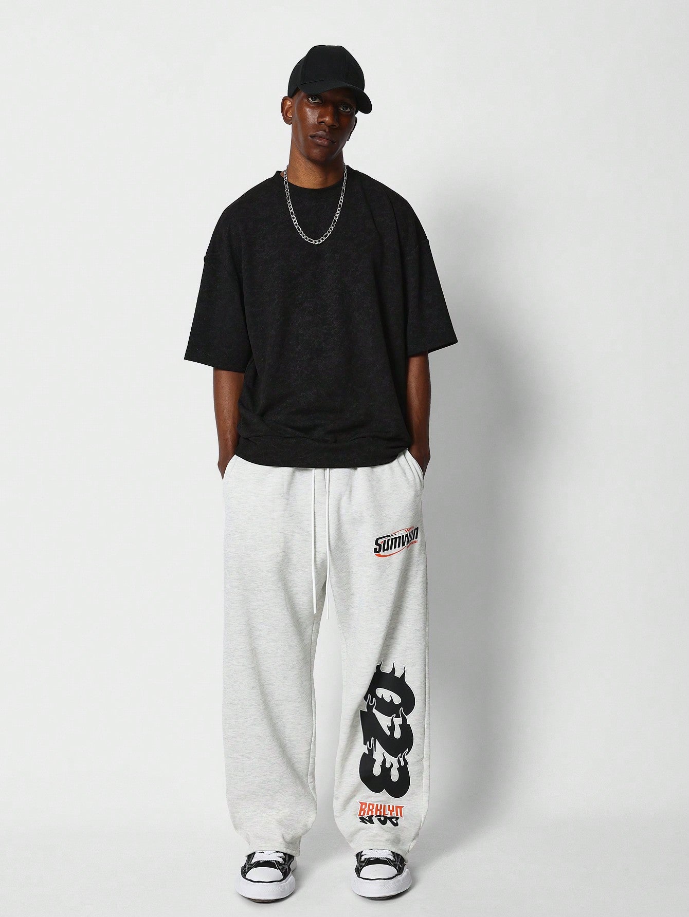 Loose Fit Baggy Drop Crotch Joggers With Number Flame Print