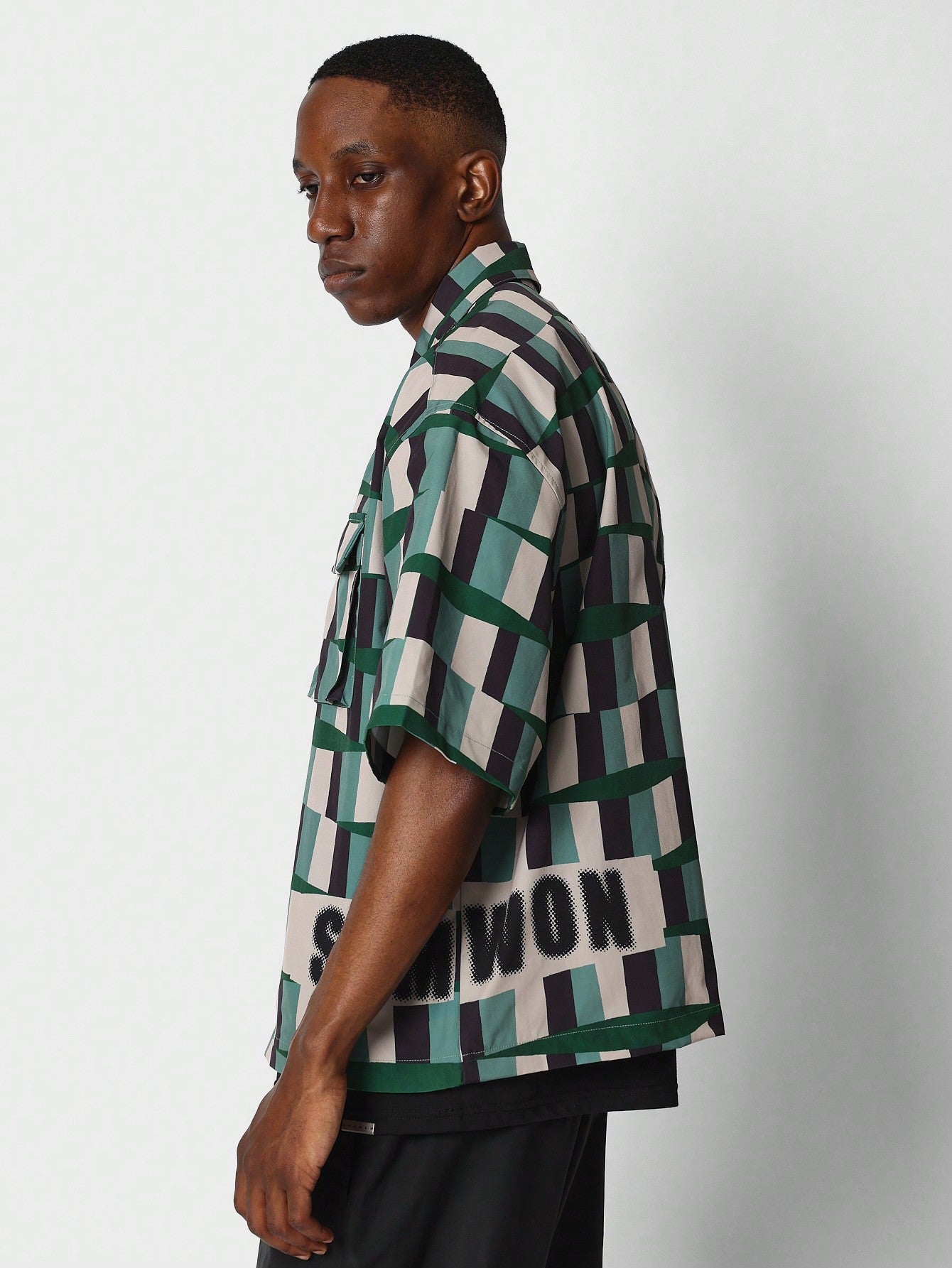 Nylon Zip Through Shirt With All Over Print And Patch Pockets