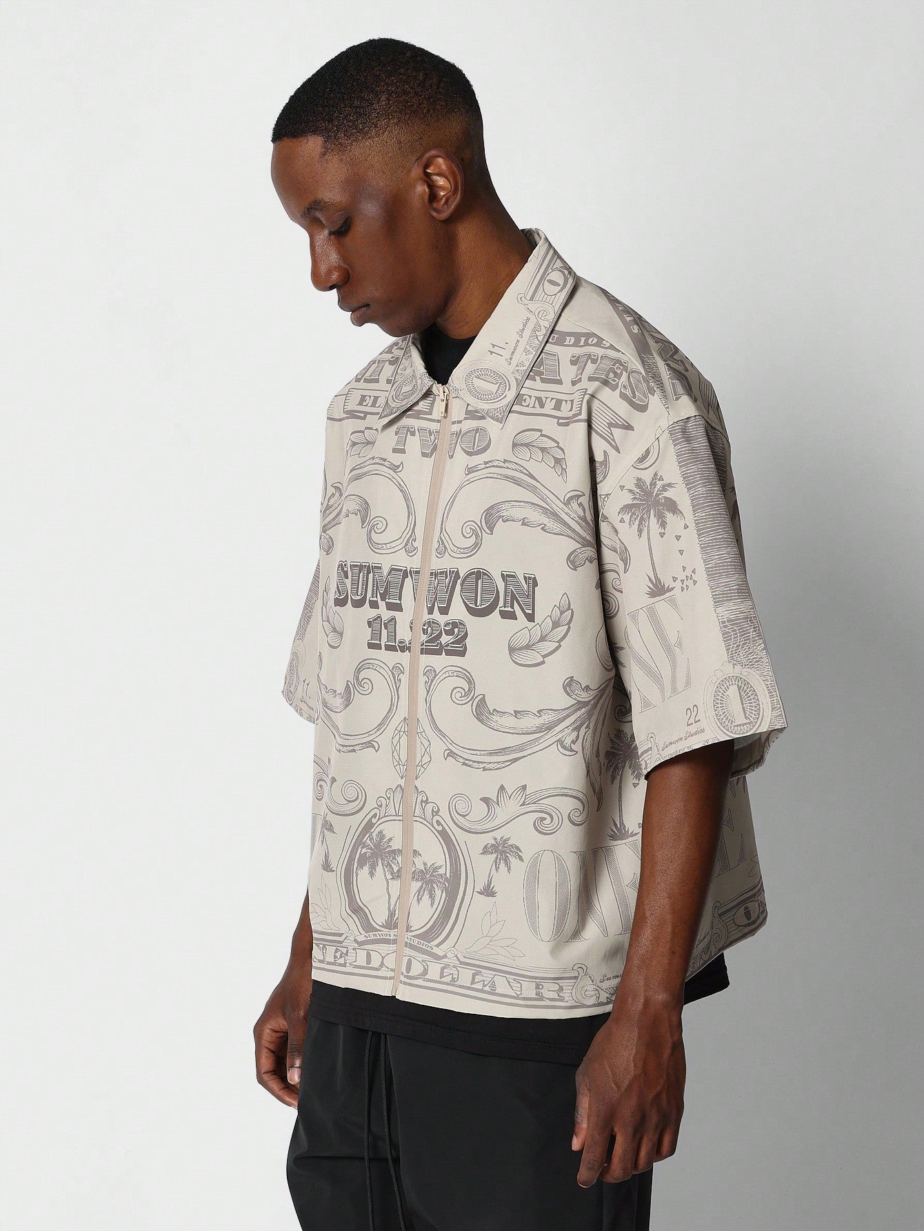 Boxy Fit Zip Nylon Shirt With All Over Print