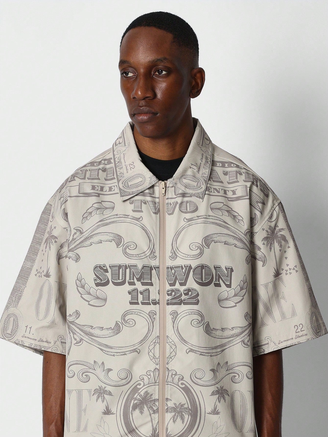 Boxy Fit Zip Nylon Shirt With All Over Print