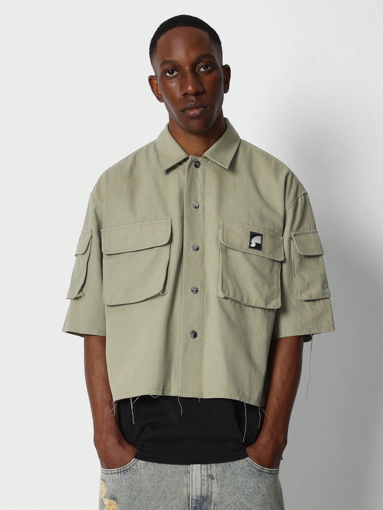 Crop Fit Button Through Shirt With Multipocket Detail