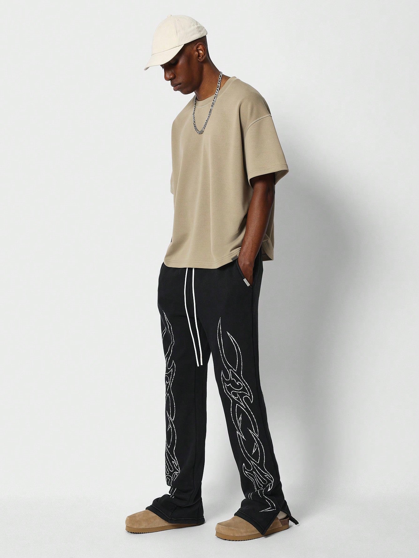 Flare Fit Jogger With Front Print And Split Hem