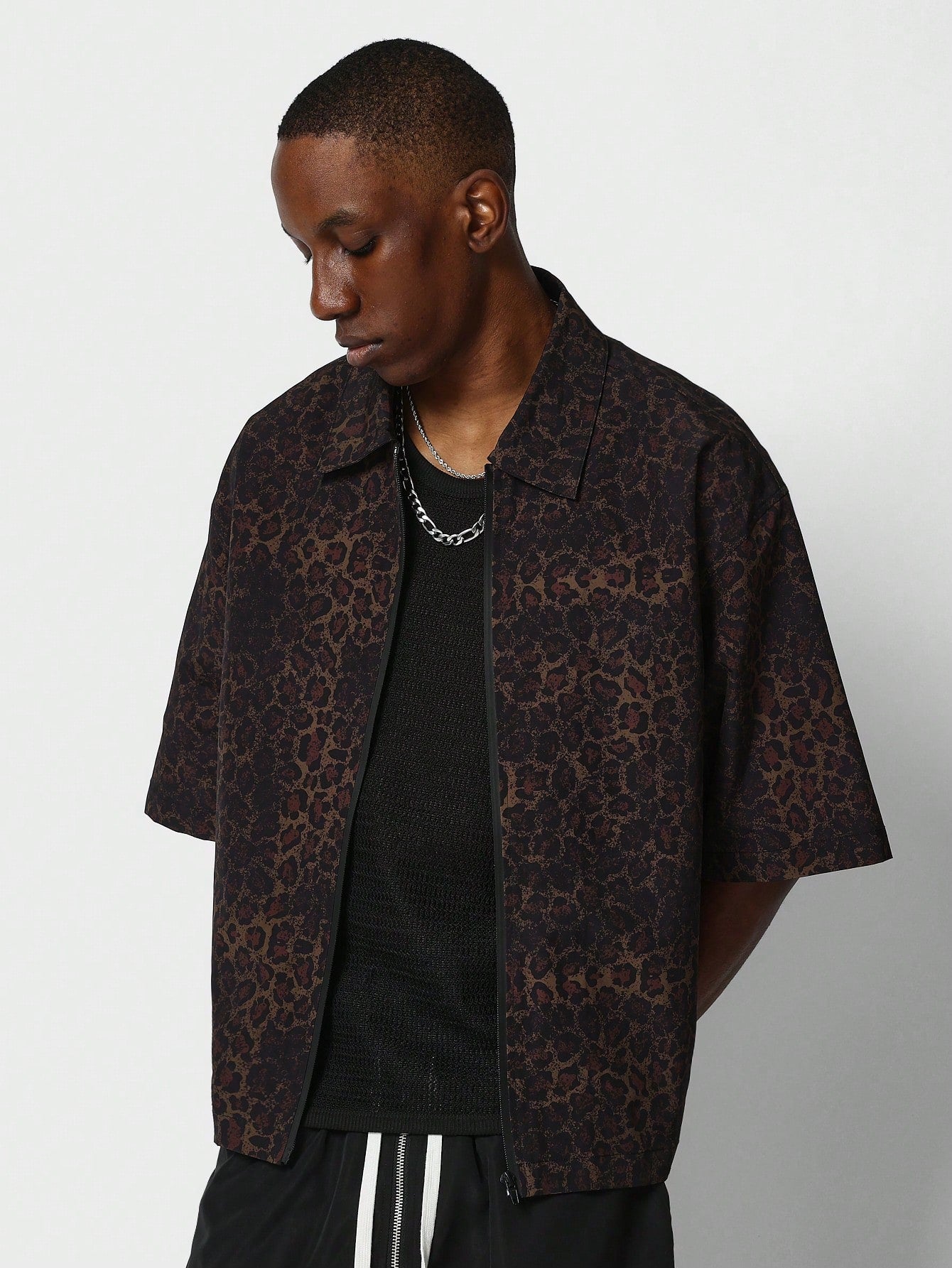 Boxy Fit Zip Through Nylon Shirt With Leopard Print