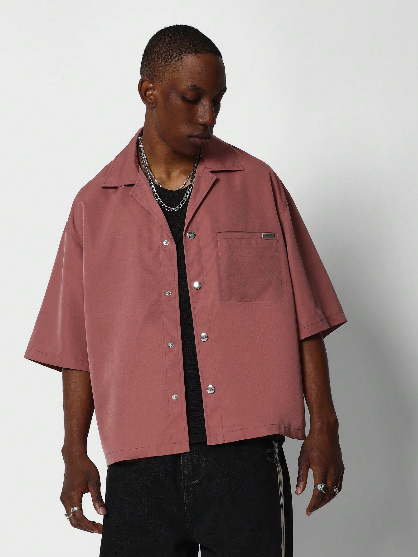 Boxy Fit Button Through Nylon Shirt With Back Graphic Print