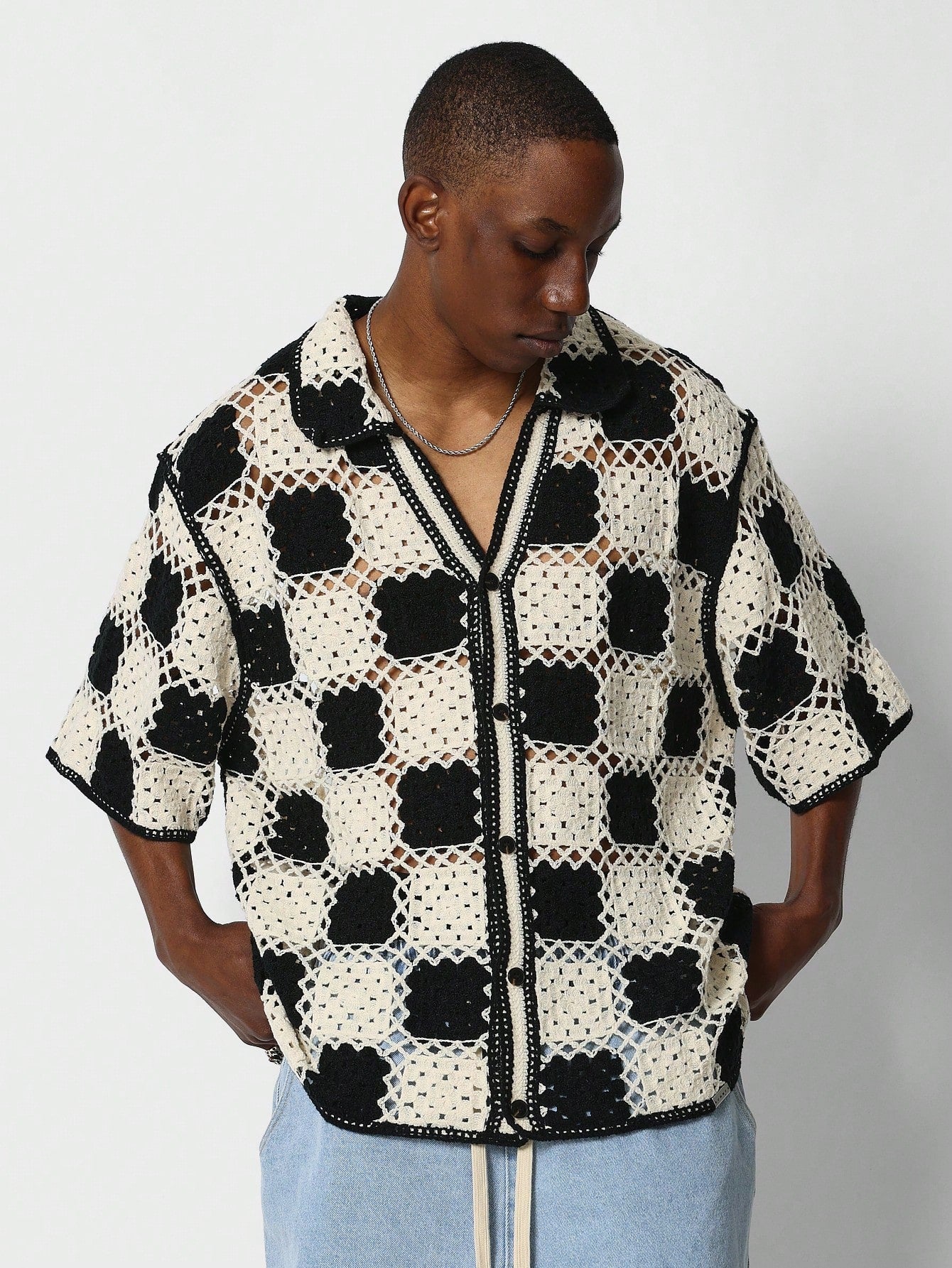 Regular Fit Button Through Checkerboard Crochet Shirt