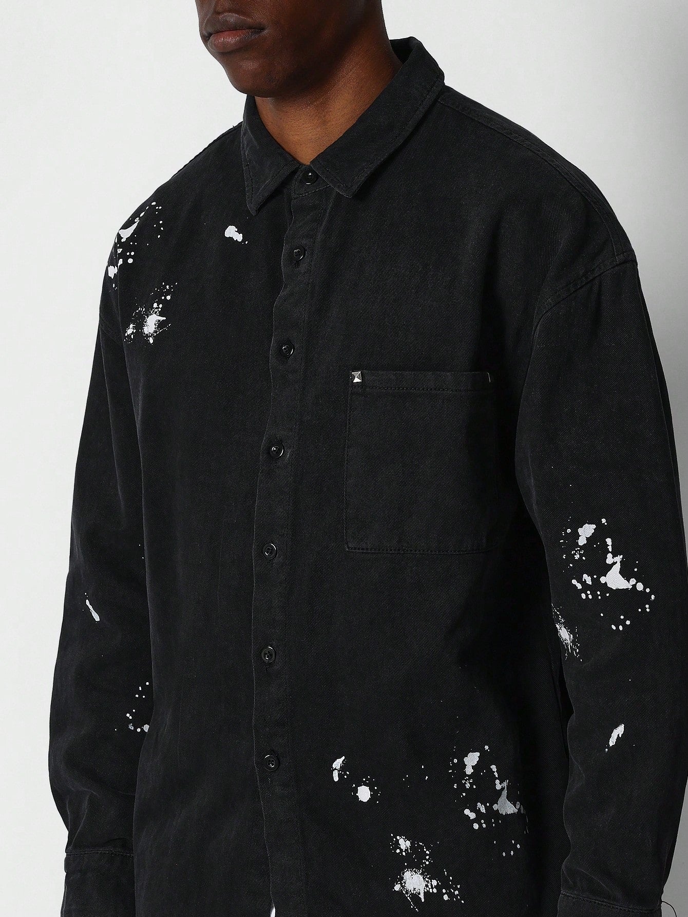 Denim Jacket With Gothic Splash Paint Print And Back Embroidery