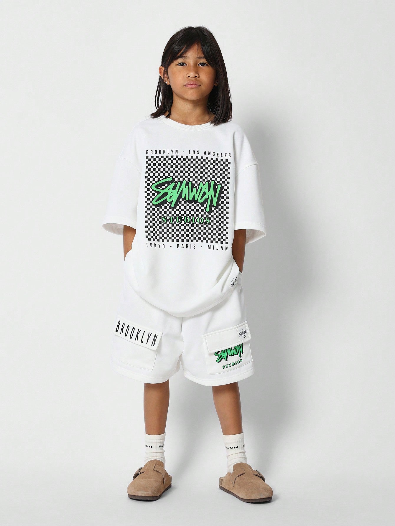 Tween Girls Oversized Fit Tee And Short With Checkerboard Graphic Print 2 Piece Set