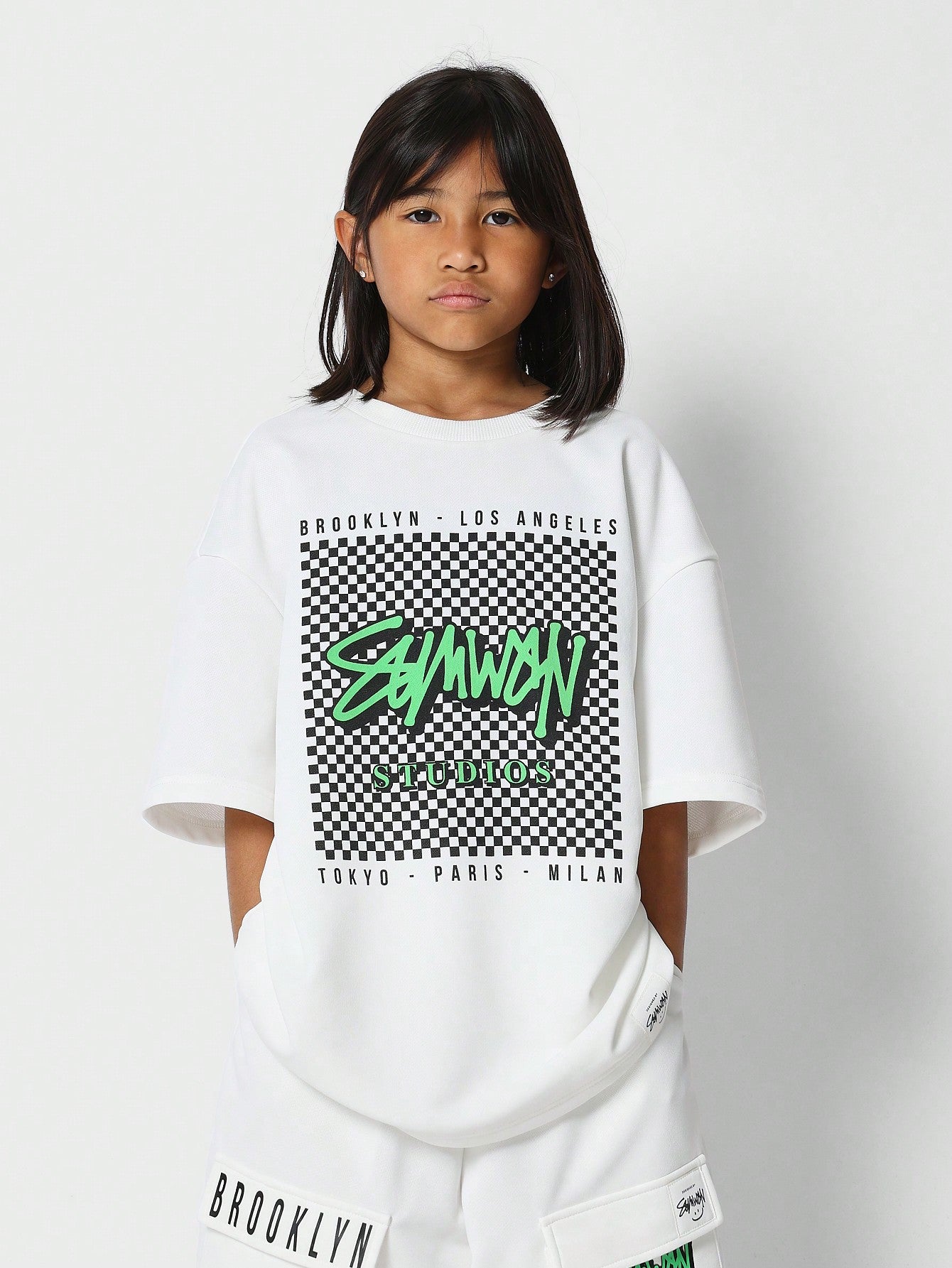 Tween Girls Oversized Fit Tee And Short With Checkerboard Graphic Print 2 Piece Set