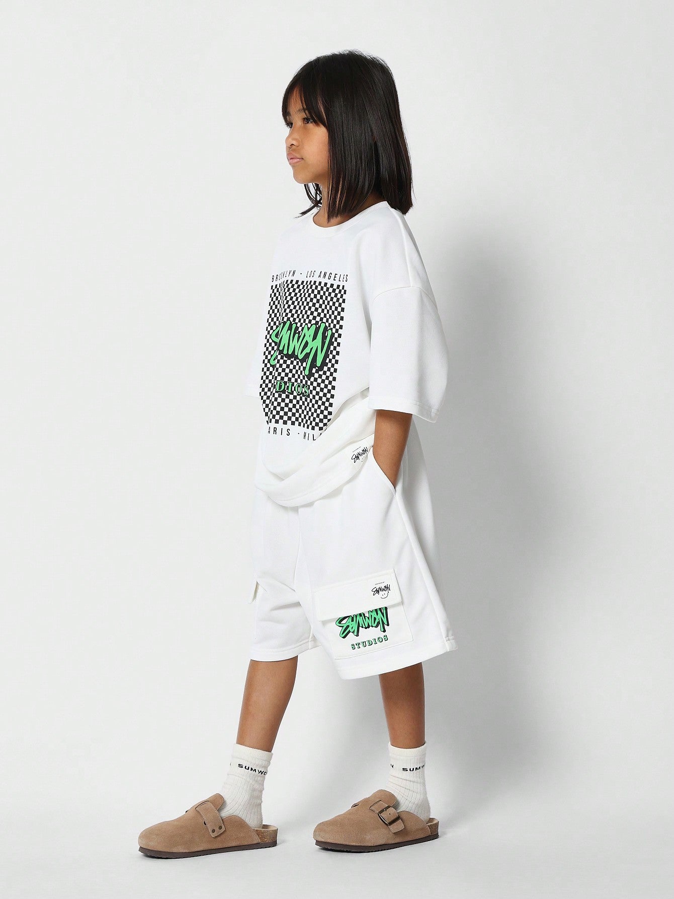 Tween Girls Oversized Fit Tee And Short With Checkerboard Graphic Print 2 Piece Set