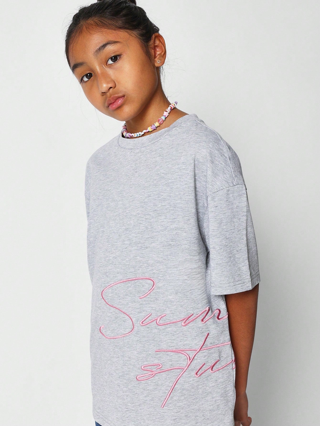 Tween Girl Oversized Fit Tee With Letter Embroidery