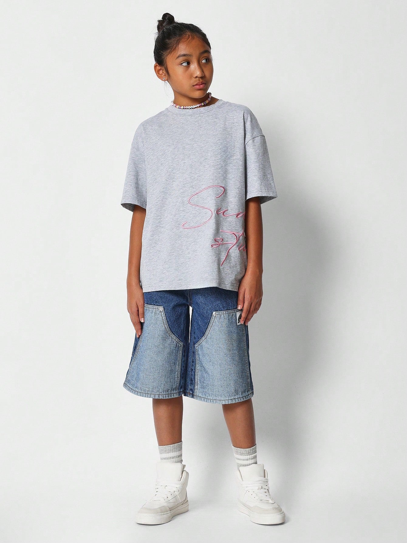 Tween Girl Oversized Fit Tee With Letter Embroidery