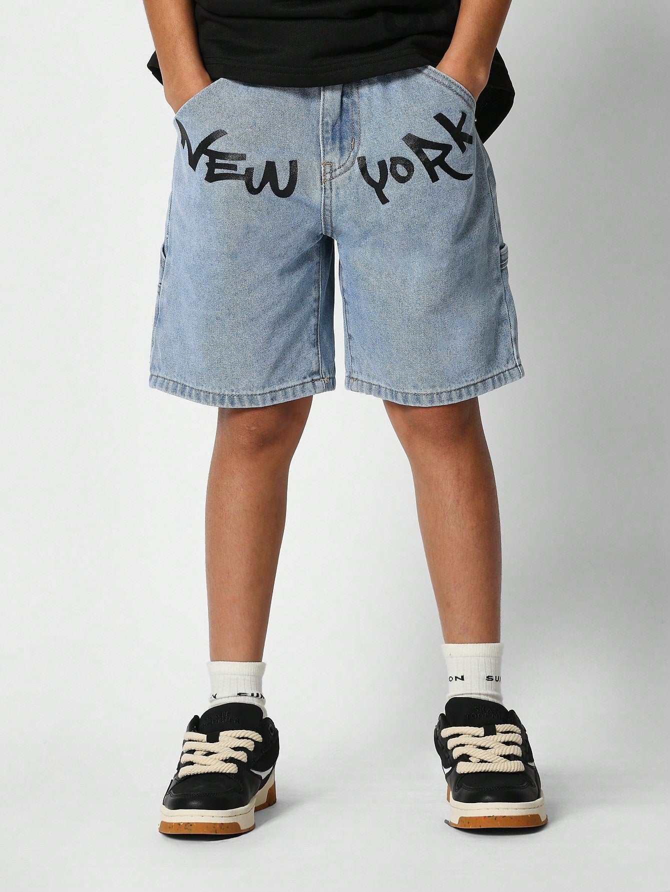 Tween Girls Denim Short With New York Print