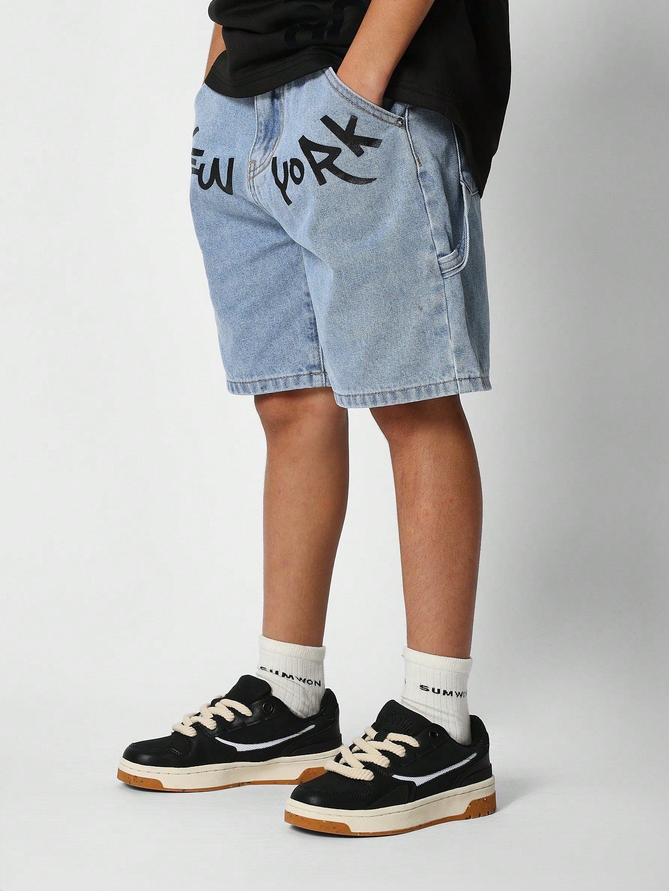 Tween Girls Denim Short With New York Print