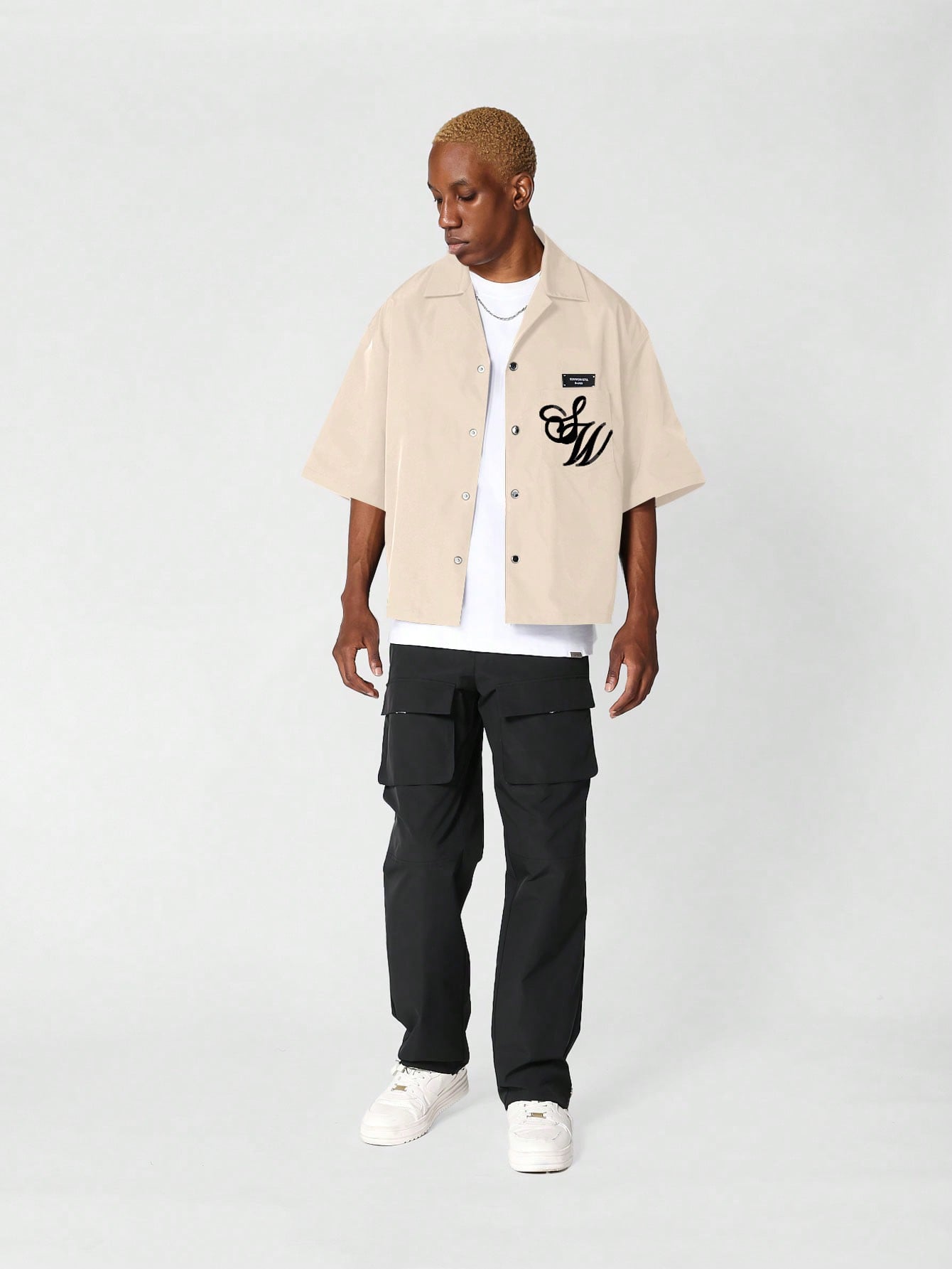 Boxy Fit Revere Nylon Shirt With Front And Back Graphic Print