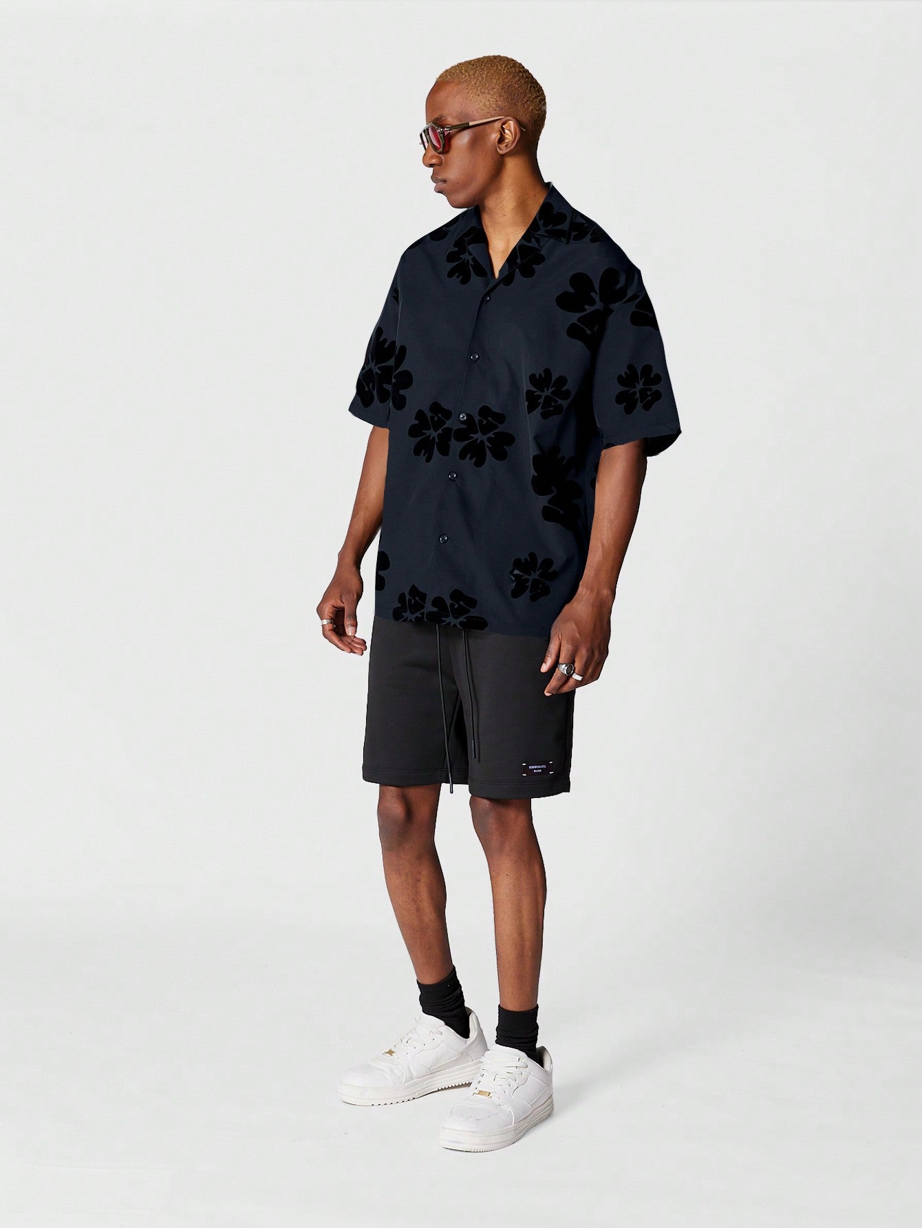 Revere Collar Shirt With All Over Flock Graphic Print