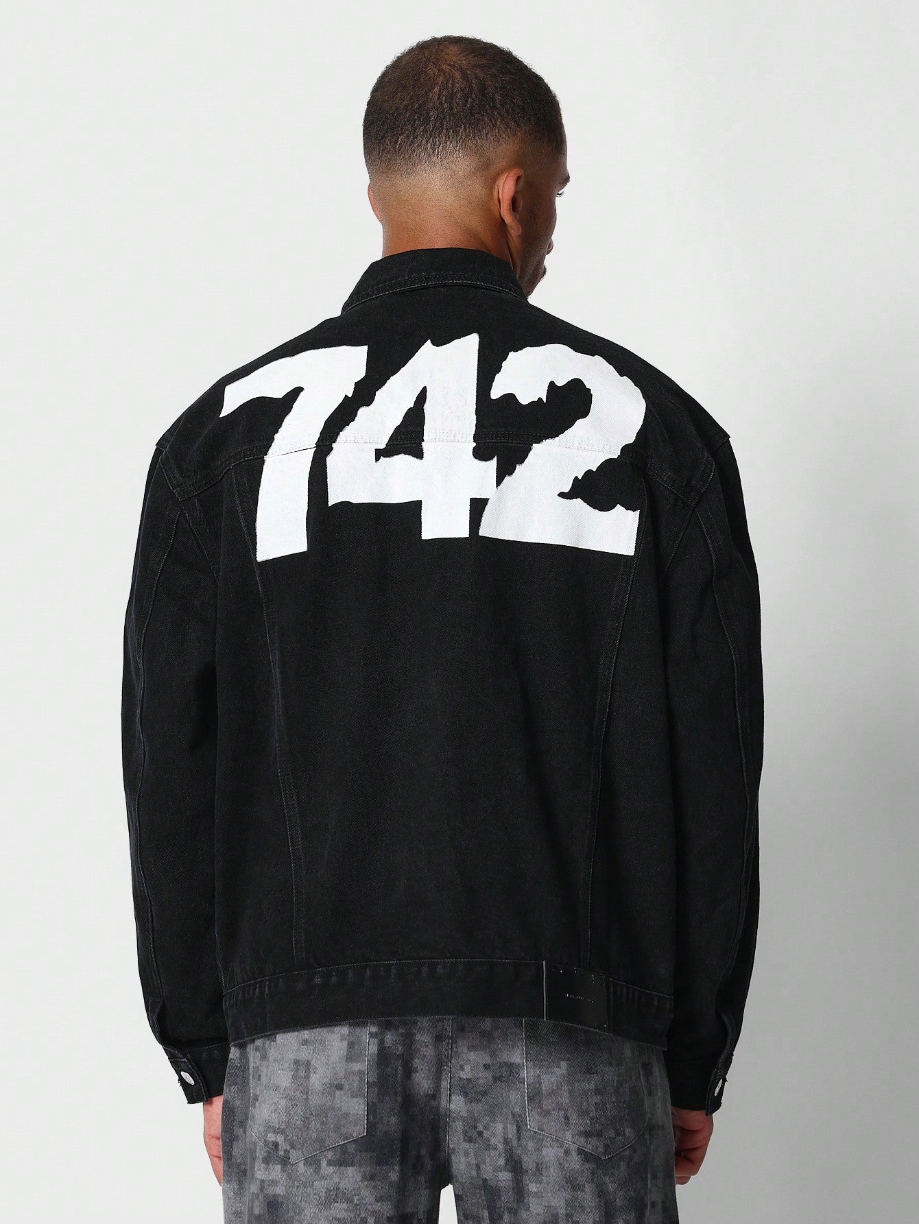 Zip Through Denim Jacket With Back Number Graphic Print