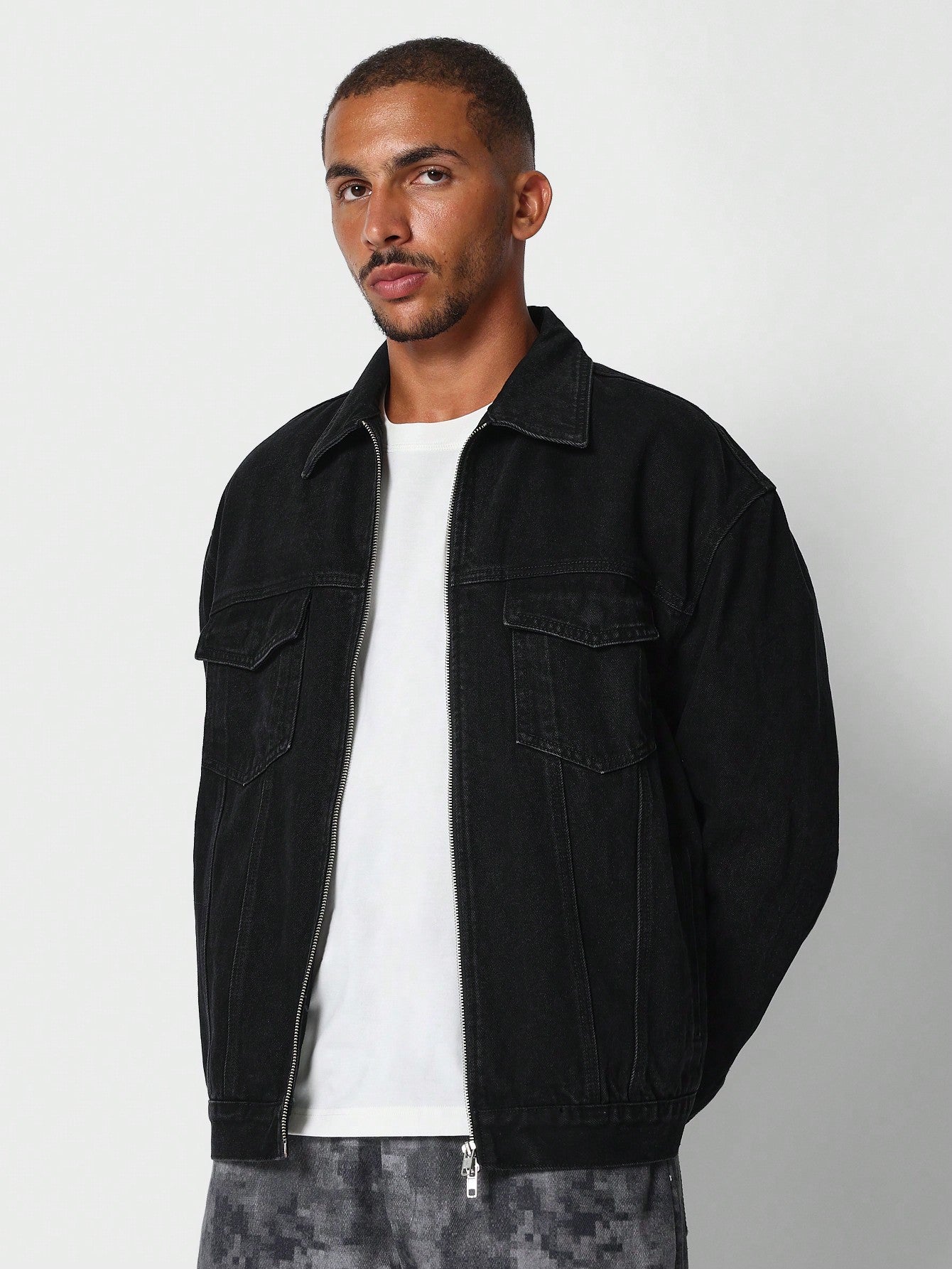 Zip Through Denim Jacket With Back Number Graphic Print