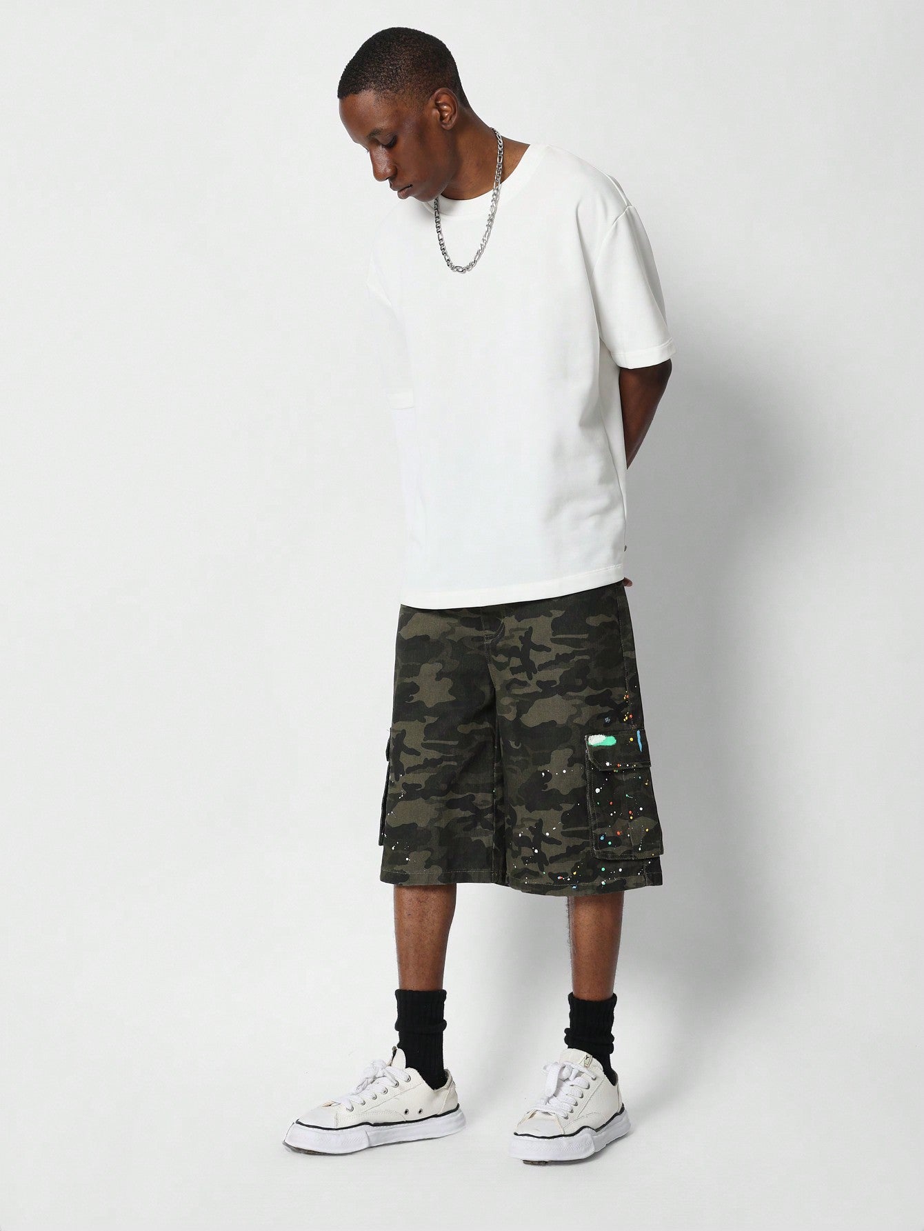 Denim Cargo Short With All Over And Paint Print