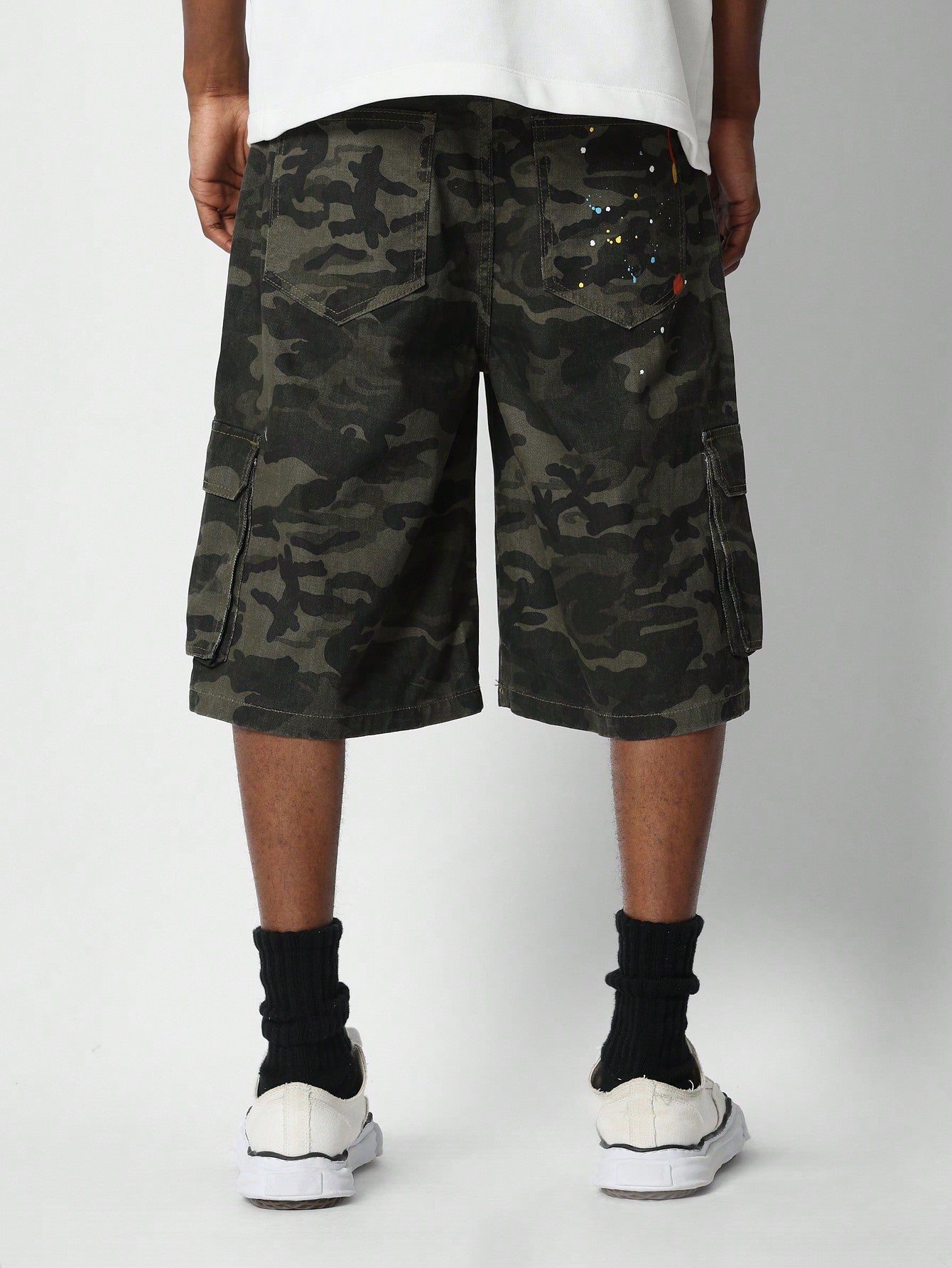 Denim Cargo Short With All Over And Paint Print