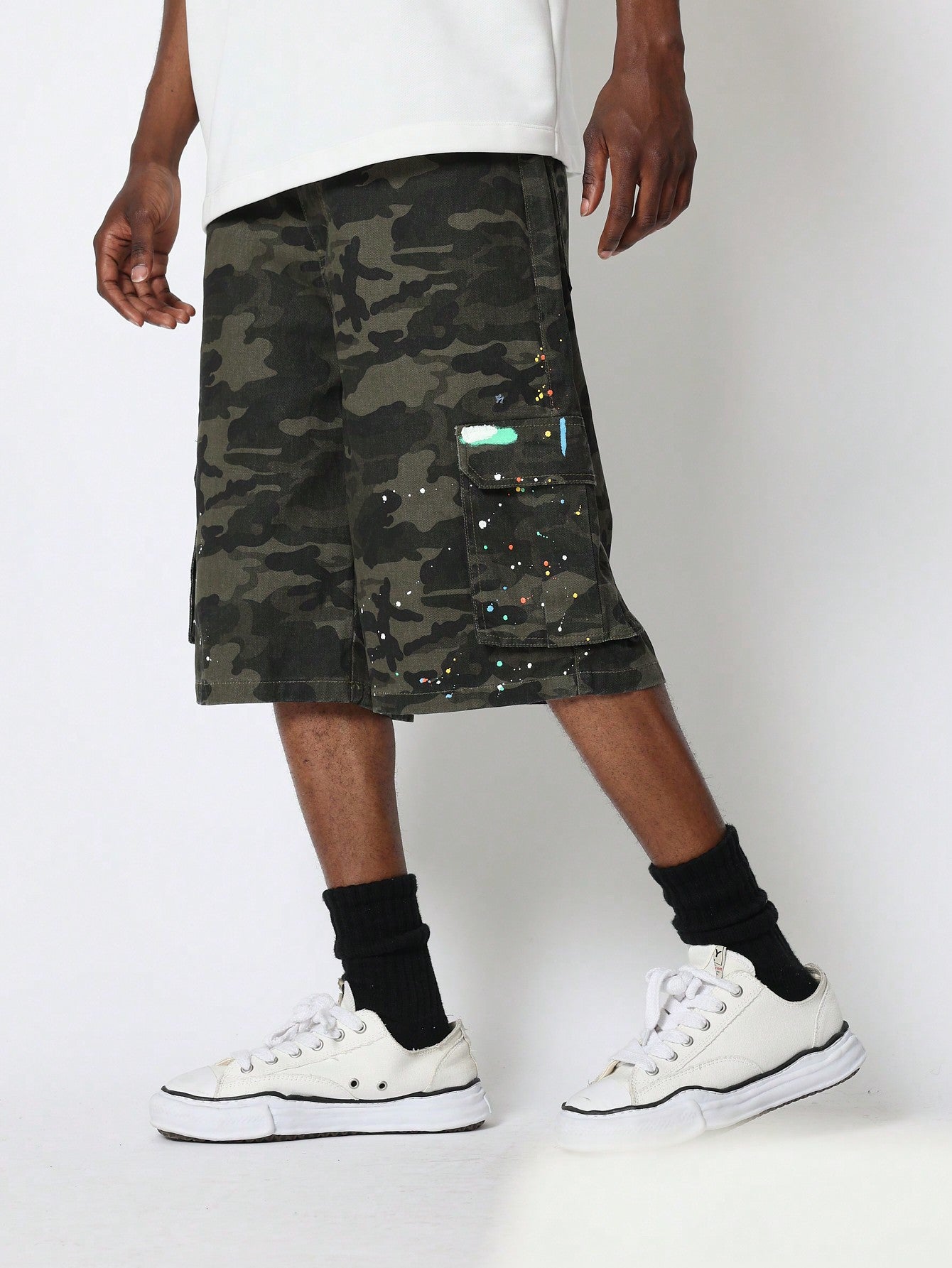 Denim Cargo Short With All Over And Paint Print