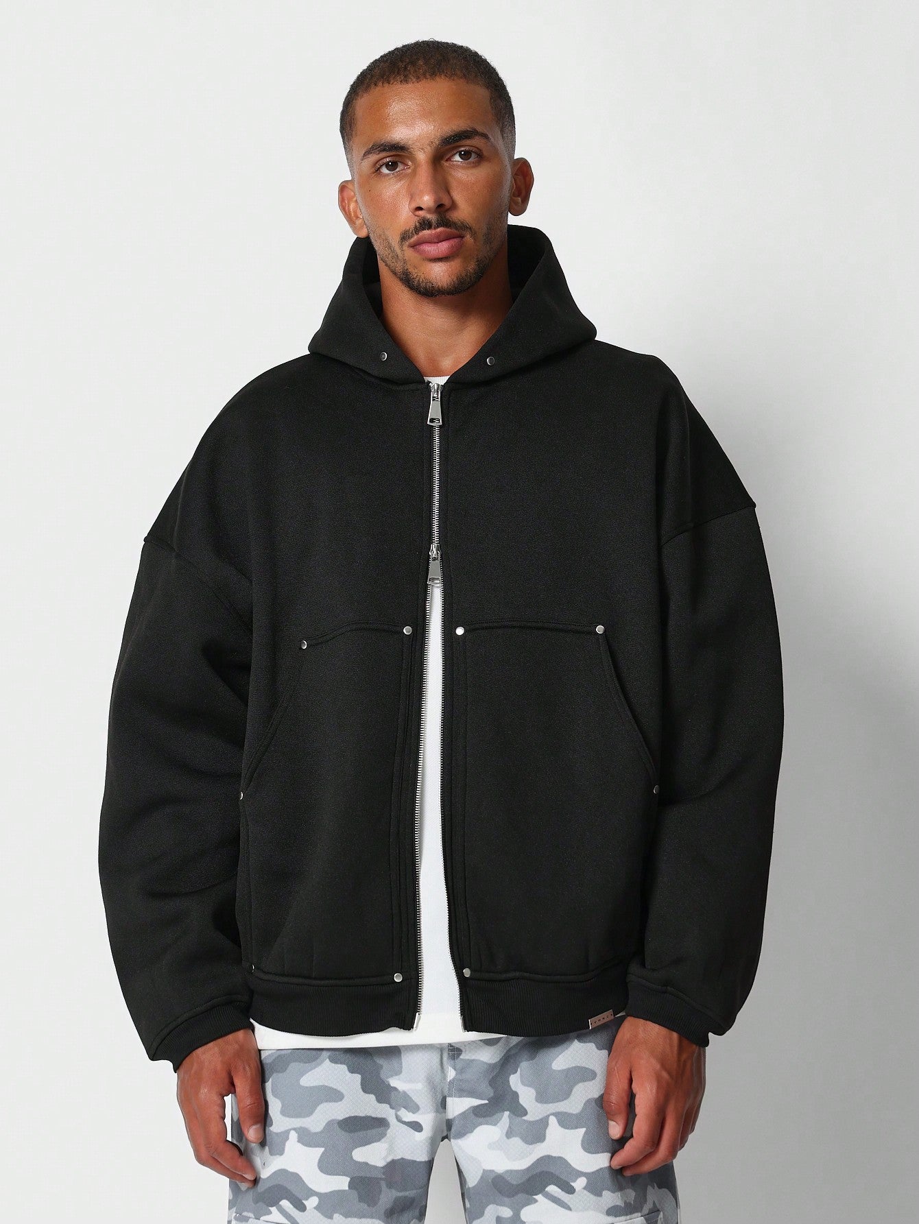 Regular Fit Zip Through Carpenter Hoodie With Studs