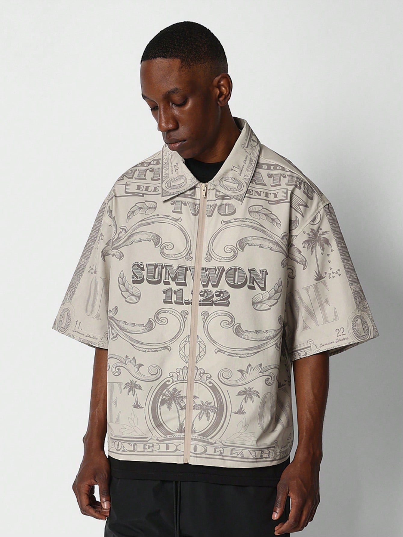 Boxy Fit Zip Nylon Shirt With All Over Print