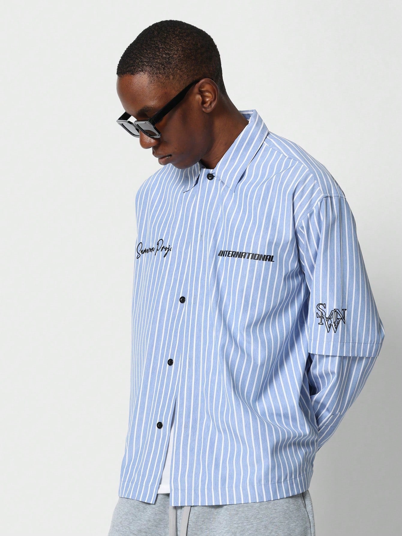 Regular Fit Double Layered Sleeve Pinstripe Shirt With Graphic Print