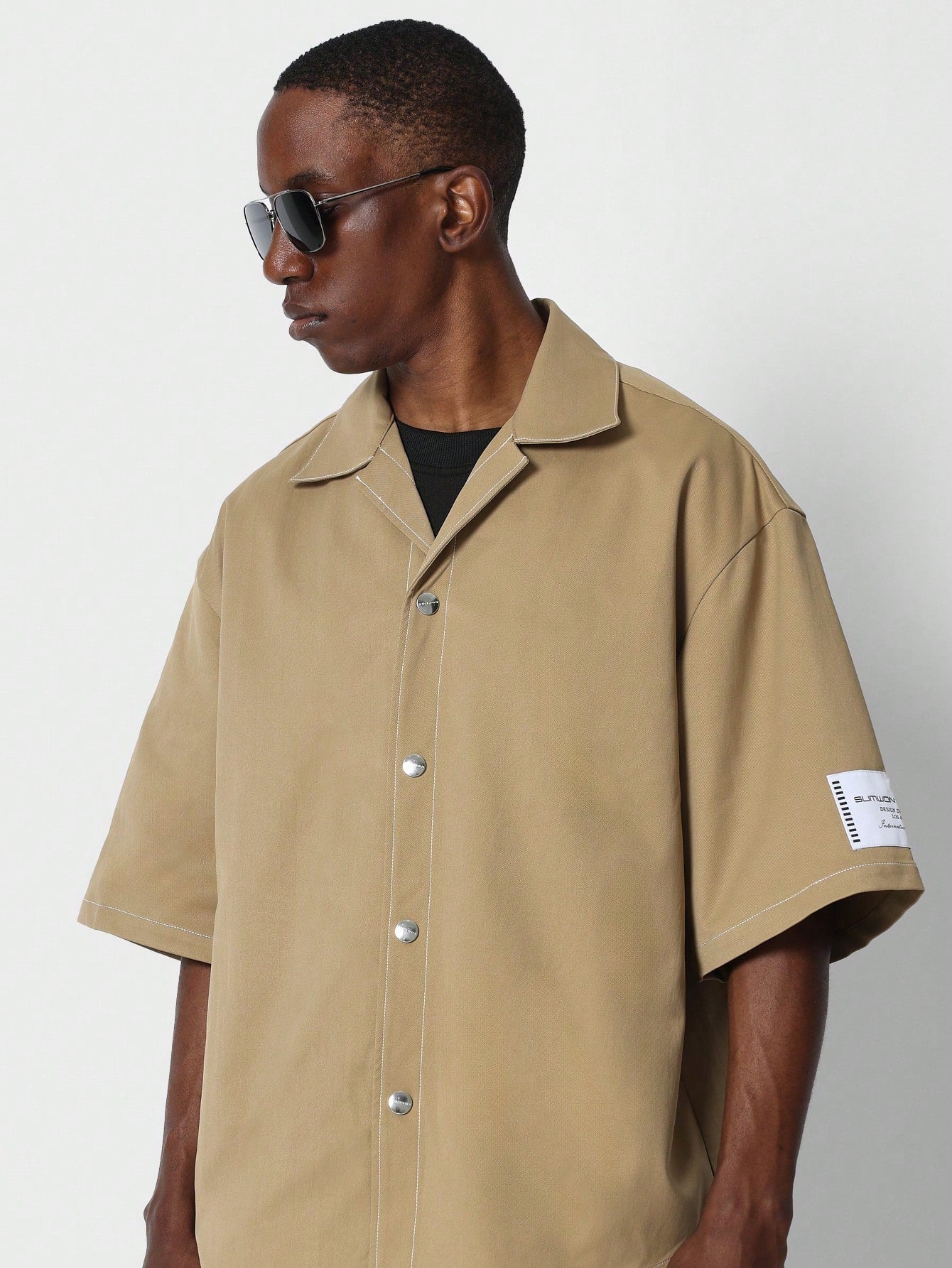 Boxy Fit Gabardine Shirt With Badge Detail Sleeve