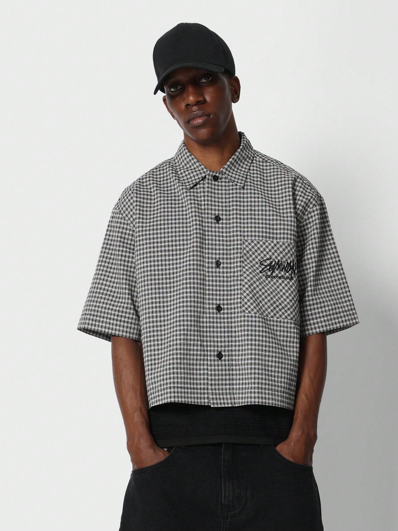 Crop Fit Checkered Button Through Shirt With Patch Pocket Embroidery Detail