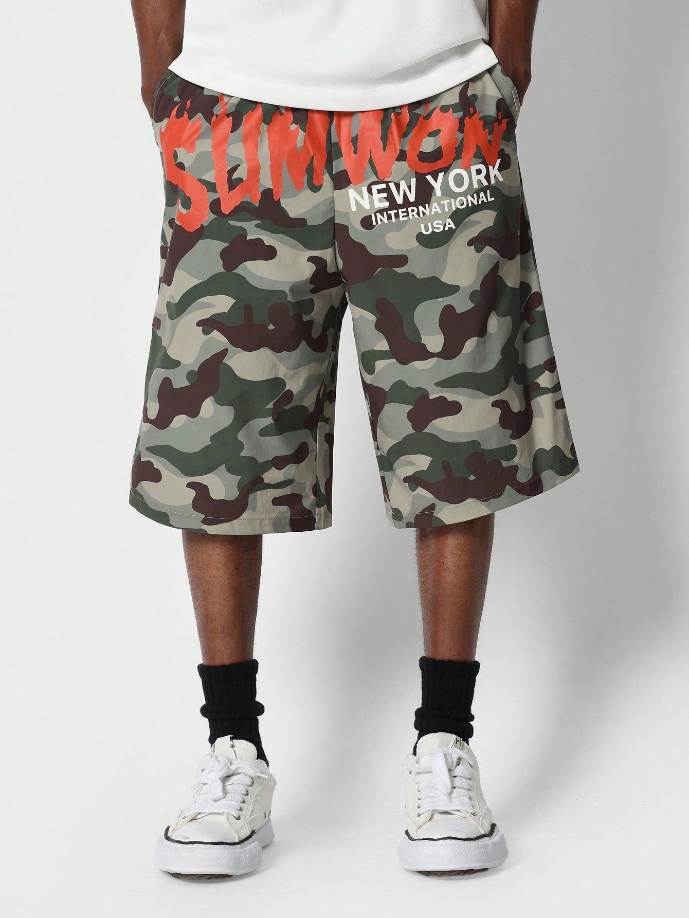 Nylon Jorts With All Over Camo Print