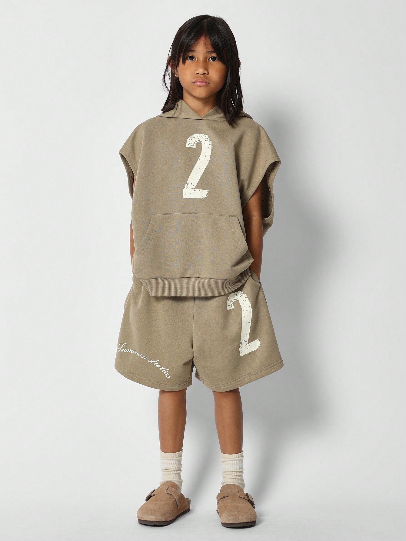 Tween Girls Sleeveless Overhead Hoodie And Short With Number Print 2 Piece Set