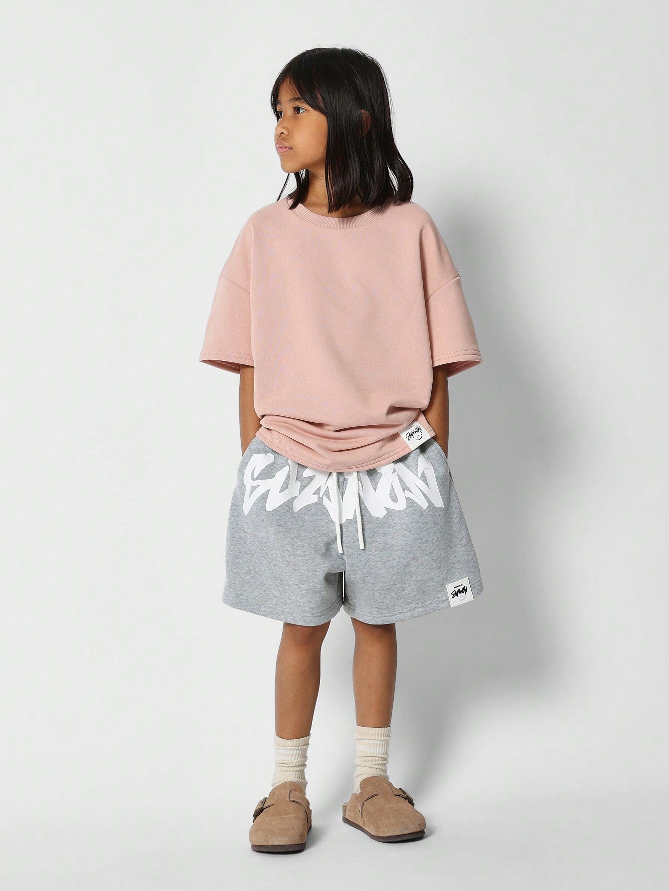 Tween Girls Drop Crotch Short With Front Graphic Print