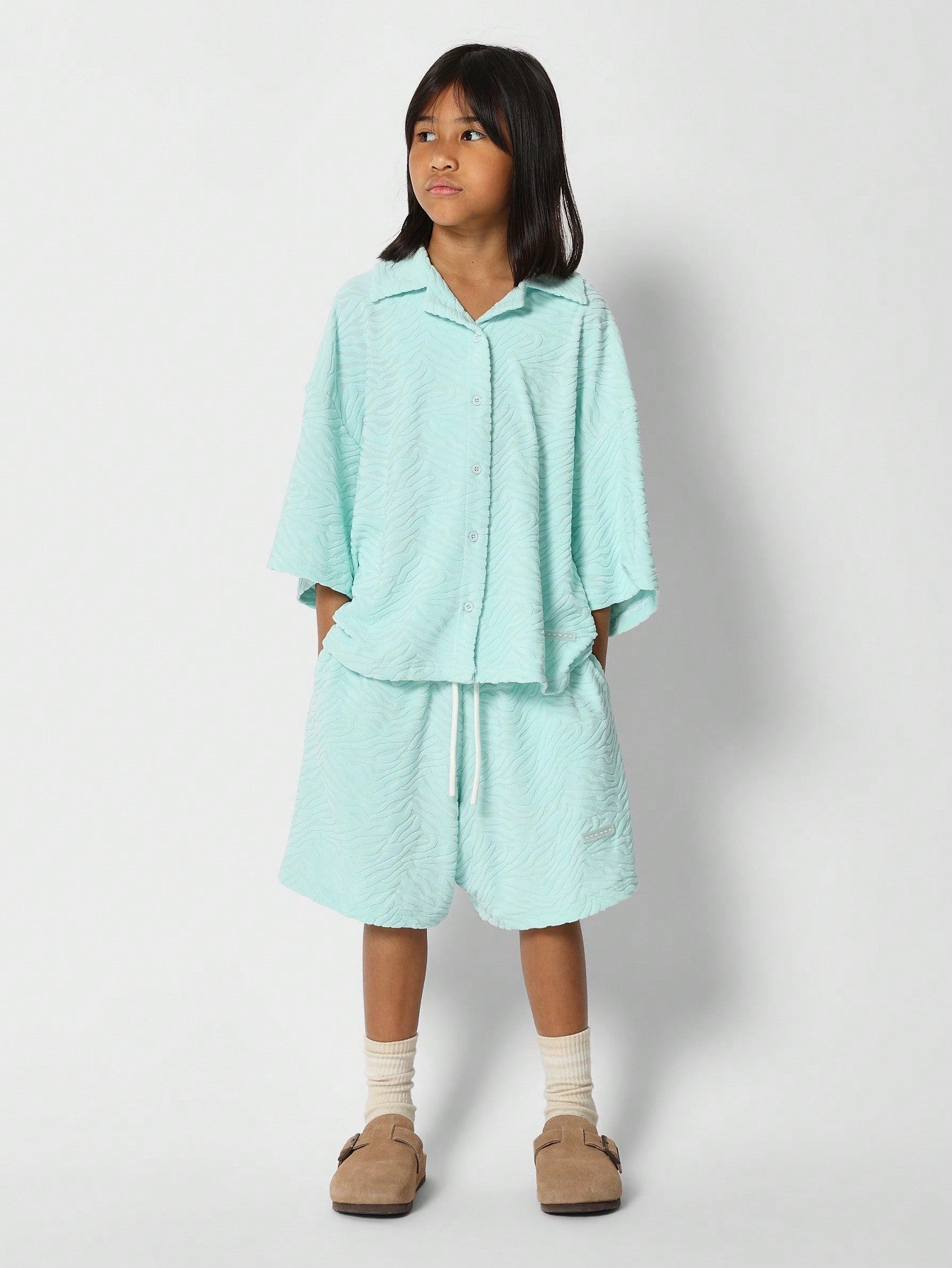 Tween Girls Textured Towelling Shirt With Short 2 Piece Set Back To School