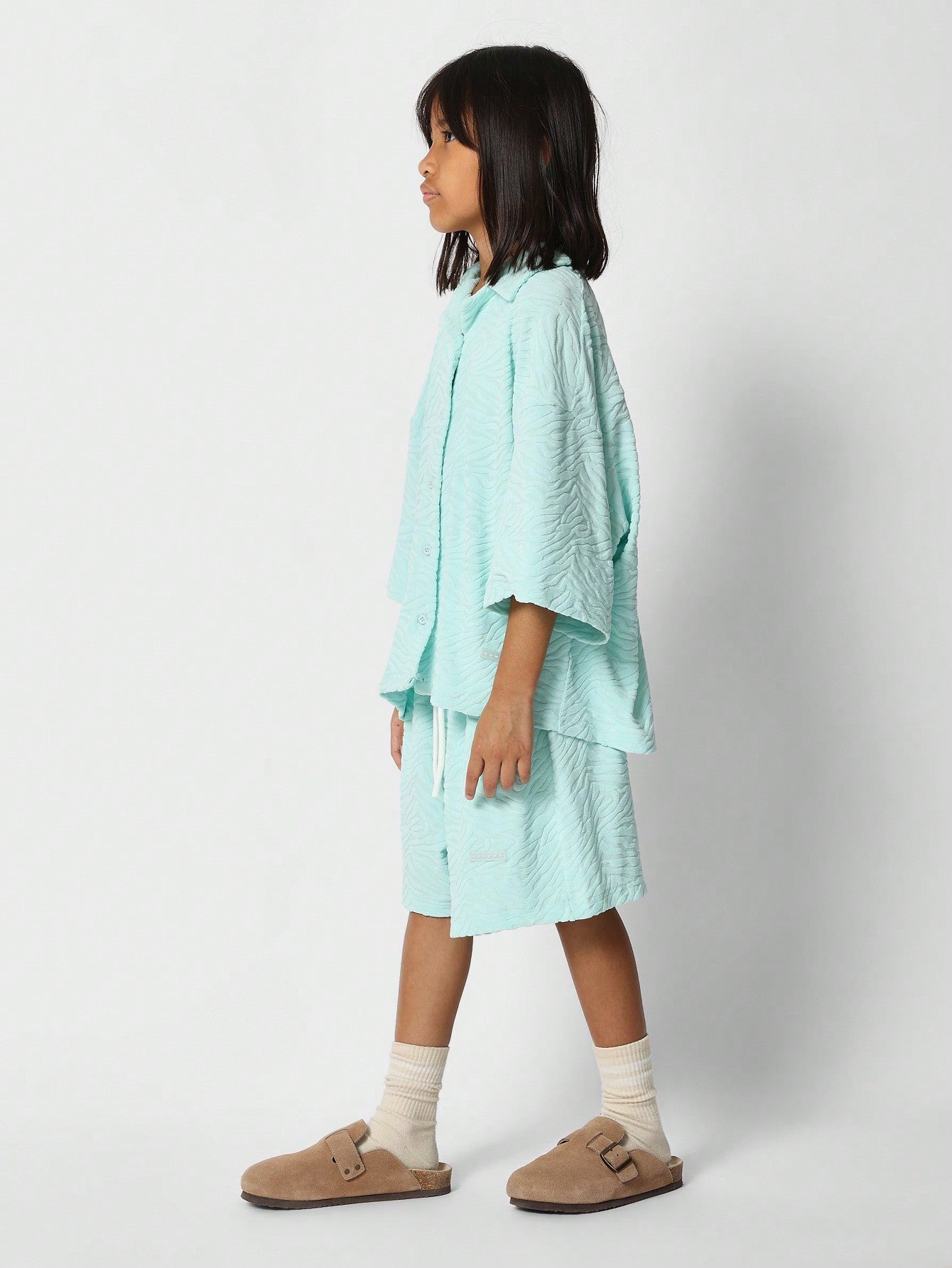 Tween Girls Textured Towelling Shirt With Short 2 Piece Set