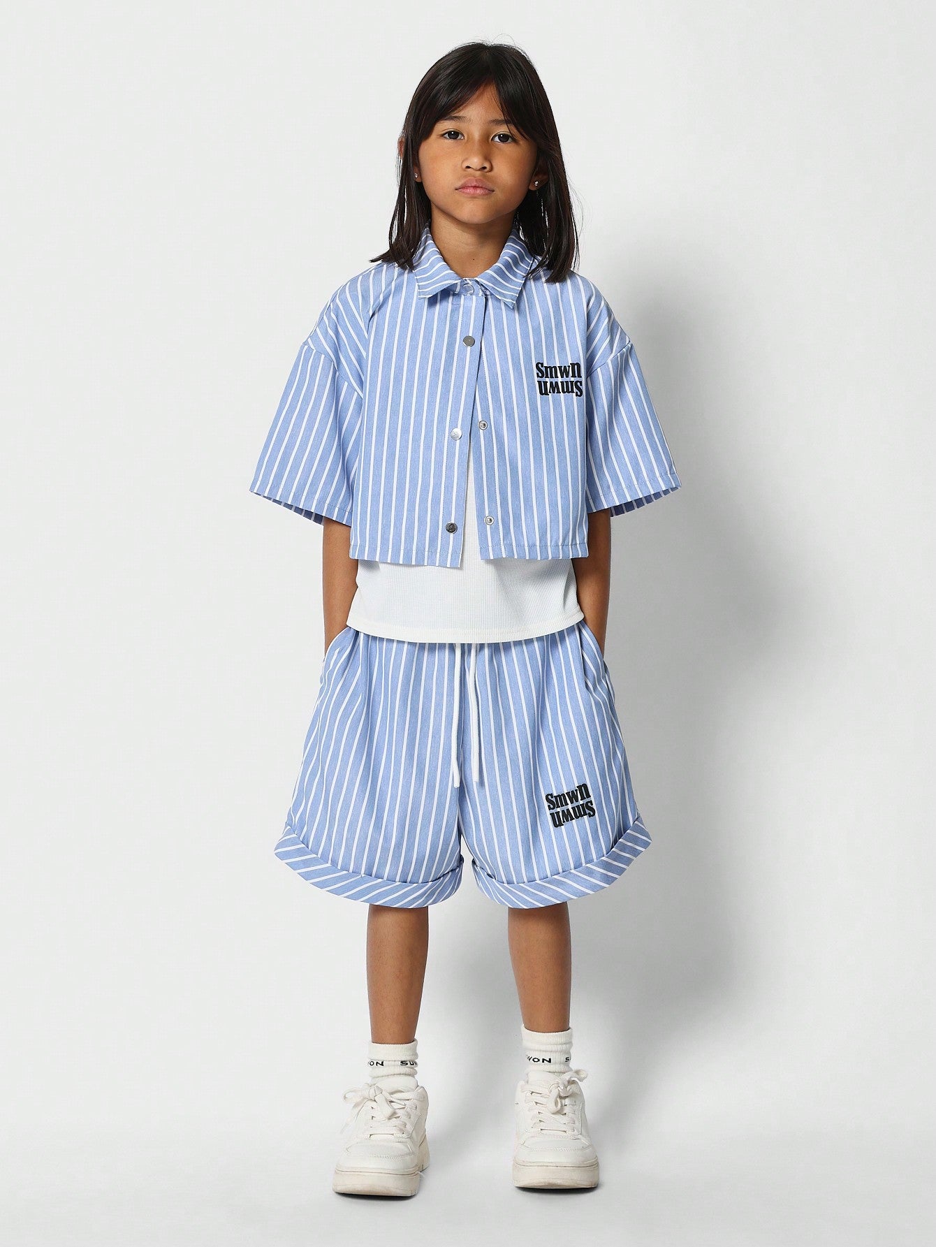 Tween Girls Pinstripe Shirt And Drop Crotch Short 2 Piece Set