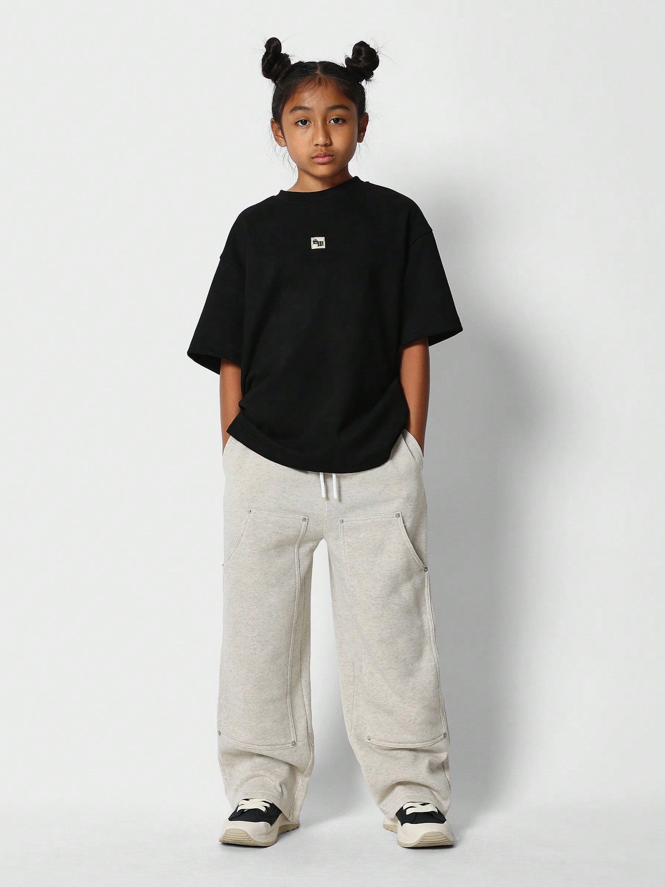 Tween Girls Wide Leg Carpenter Detail Jogger With Rivets