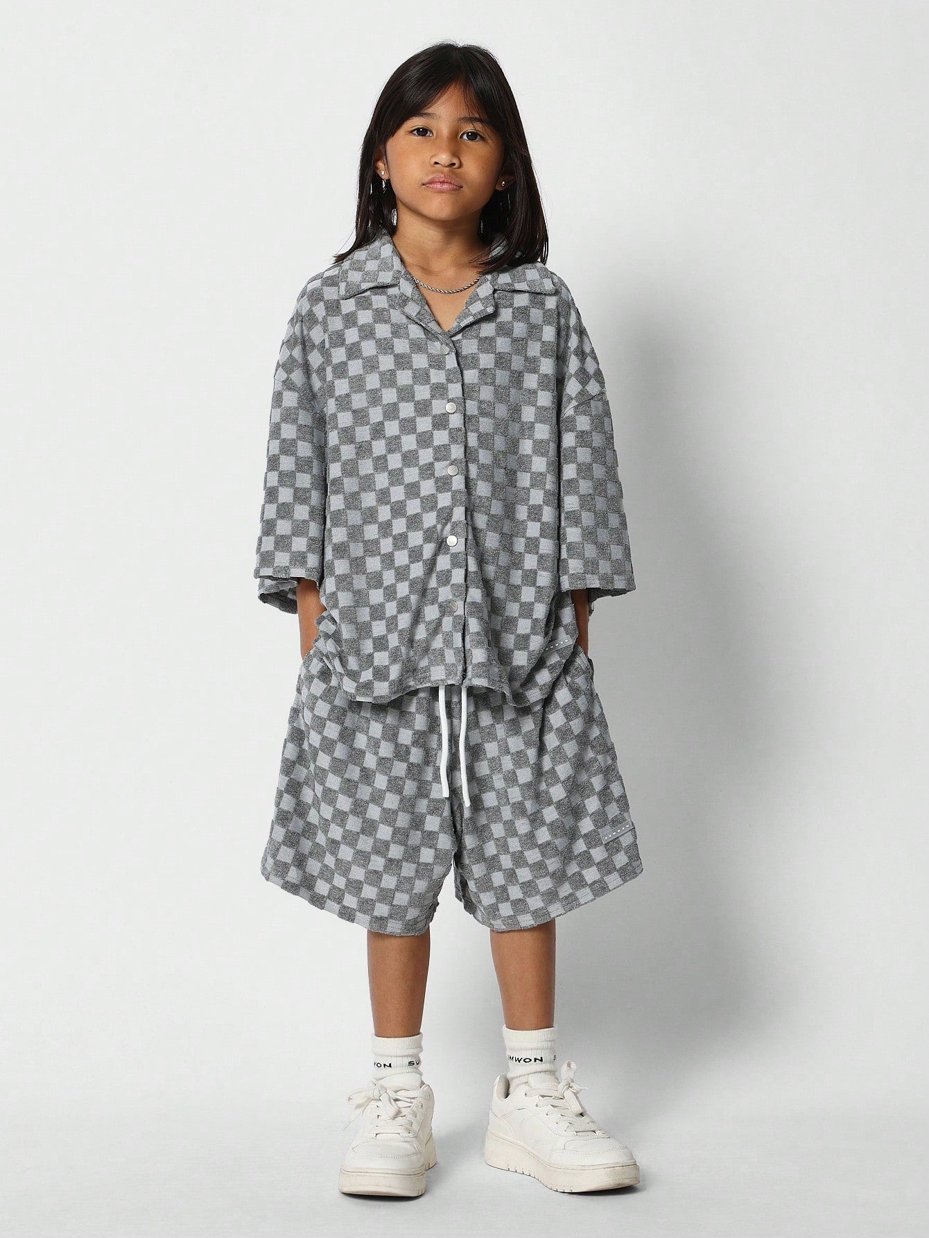 Tween Girls Towelling Checkerboard Shirt And Short 2 Piece Set