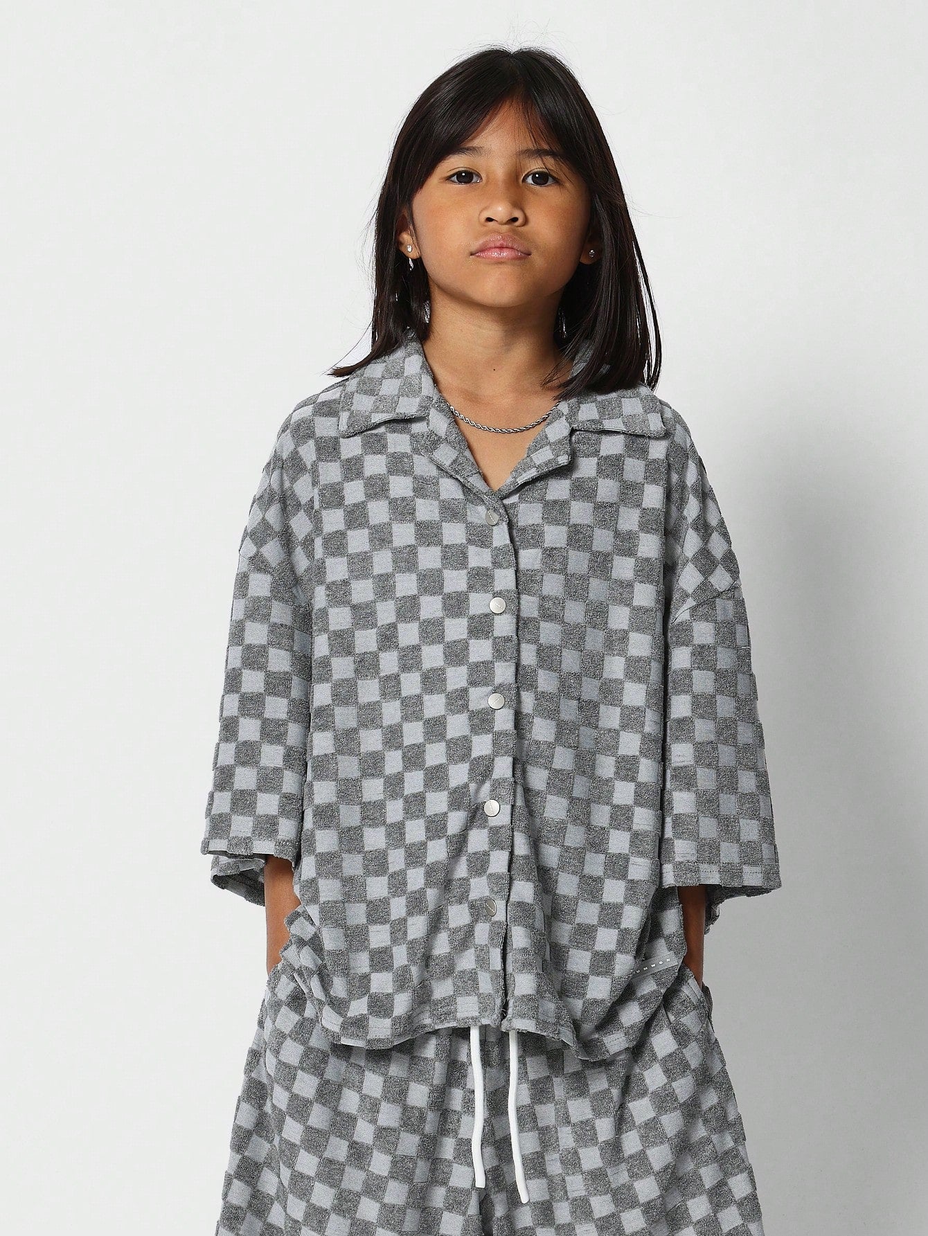 Tween Girls Towelling Checkerboard Shirt And Short 2 Piece Set