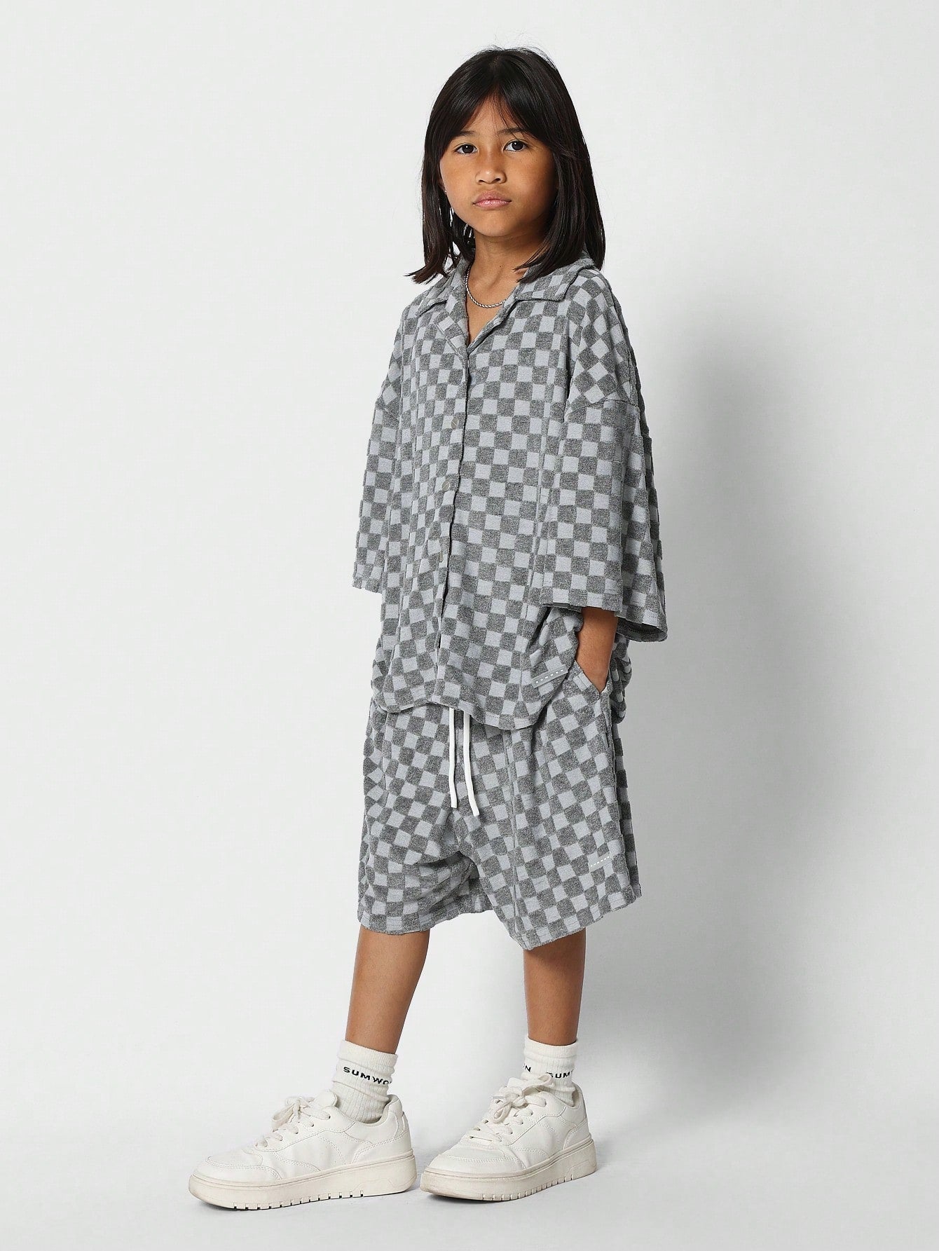 Tween Girls Towelling Checkerboard Shirt And Short 2 Piece Set